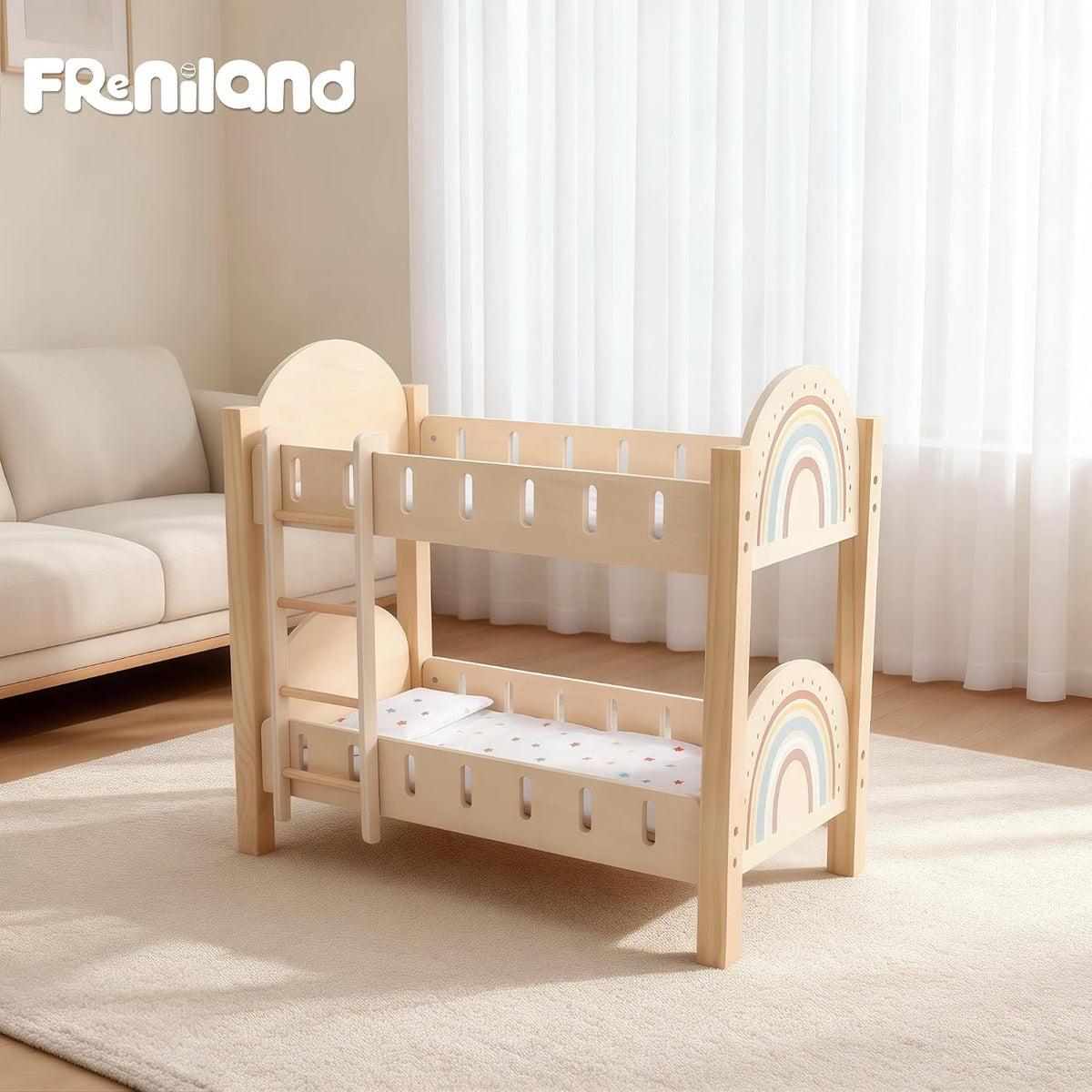 Freniland Litera de madera para muñecas con escalera y ropa de cama...