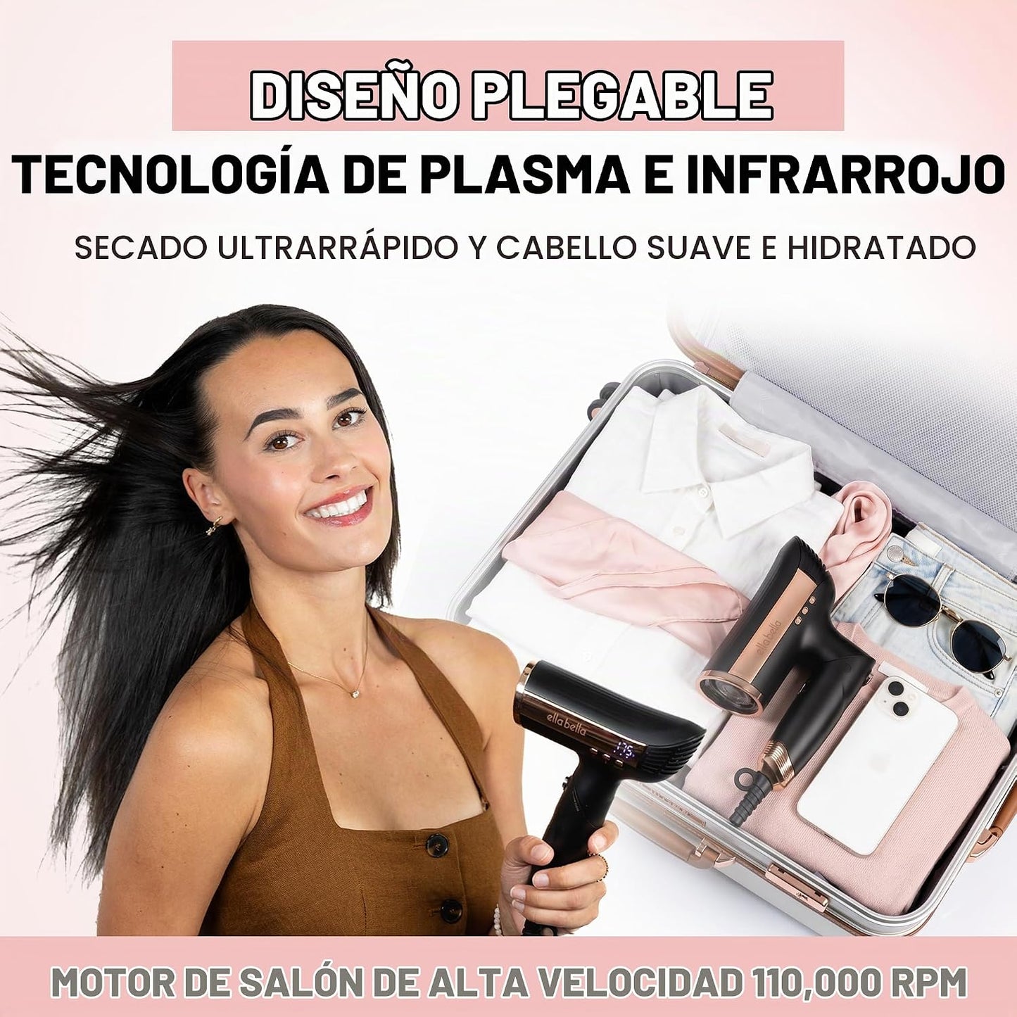 ELLA BELLA® Secador de pelo plegable por infrarrojos: motor profesi...