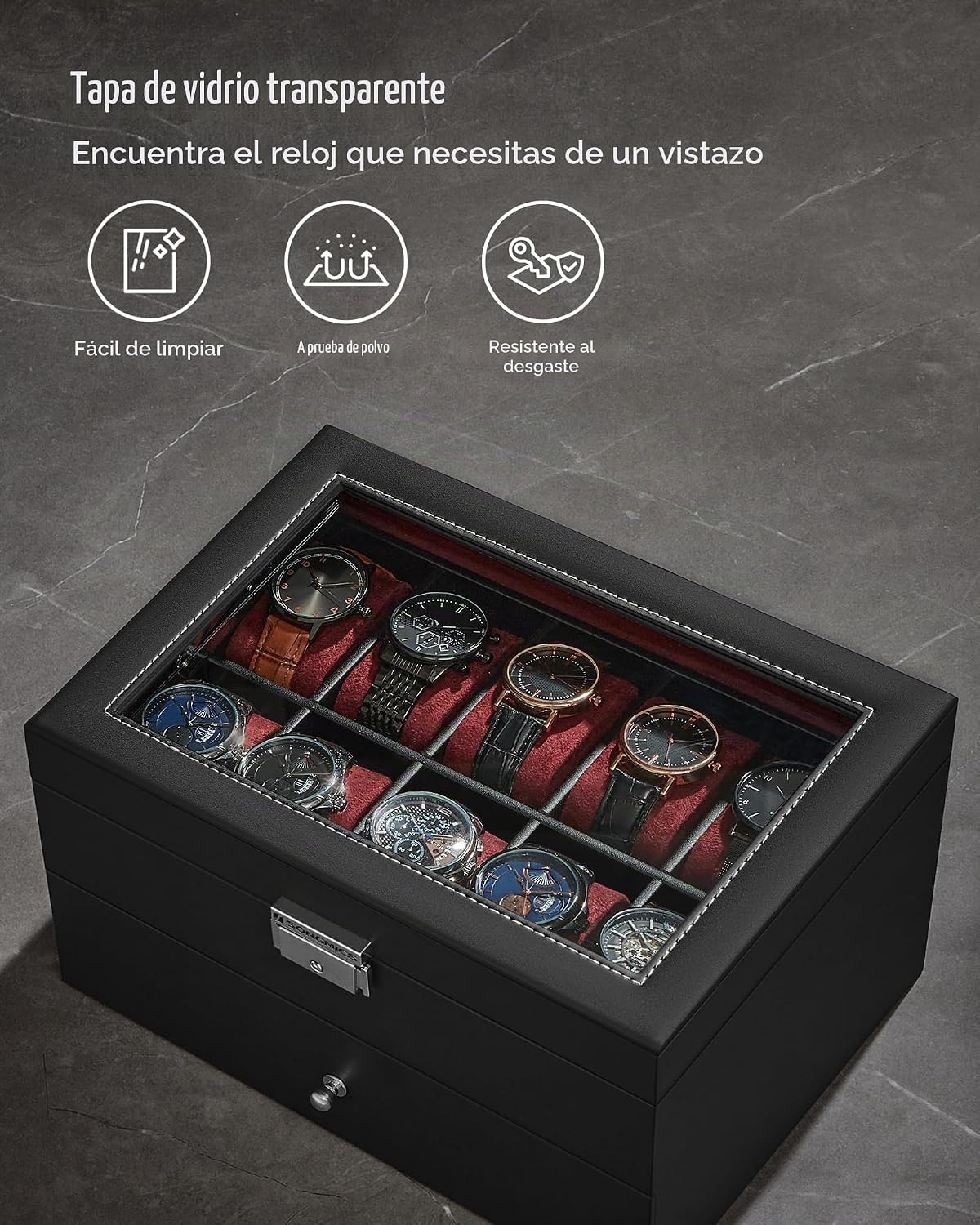 SONGMICS - Caja de reloj con 20 ranuras, 2 capas, tapa de cristal,...