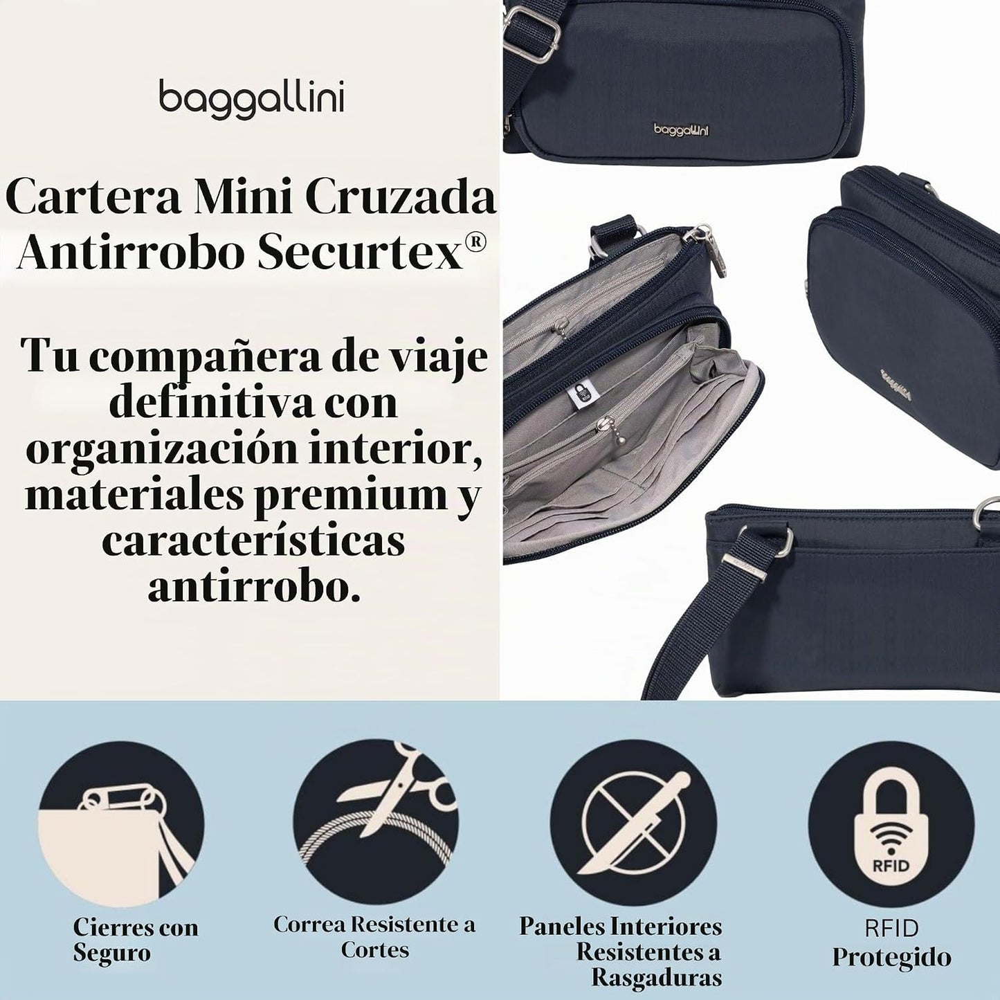 Securtex - Mini cartera cruzada antirrobo, ligera, 8.4 x 4.5 pulgad...