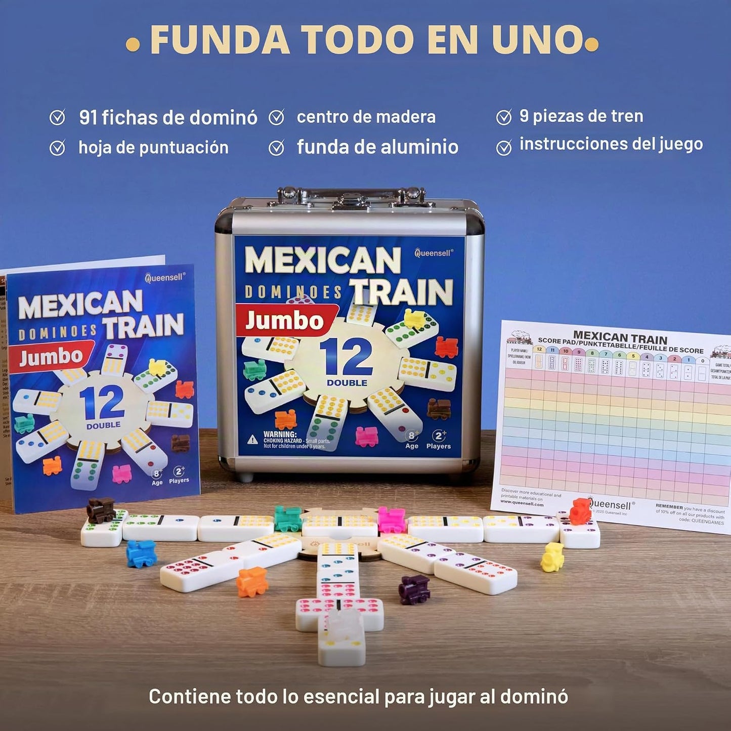 Queensell Juego de dominó de tren mexicano con azulejos gigantes, j...