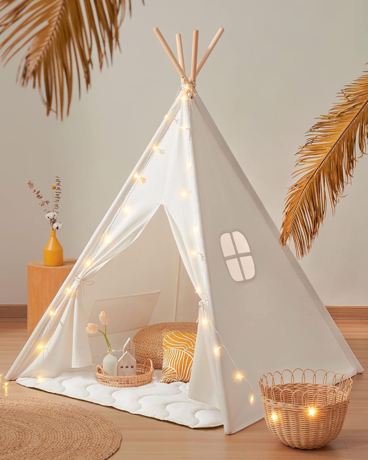 Tienda tipi de lona blanca para juegos infantiles con alfombrilla d...