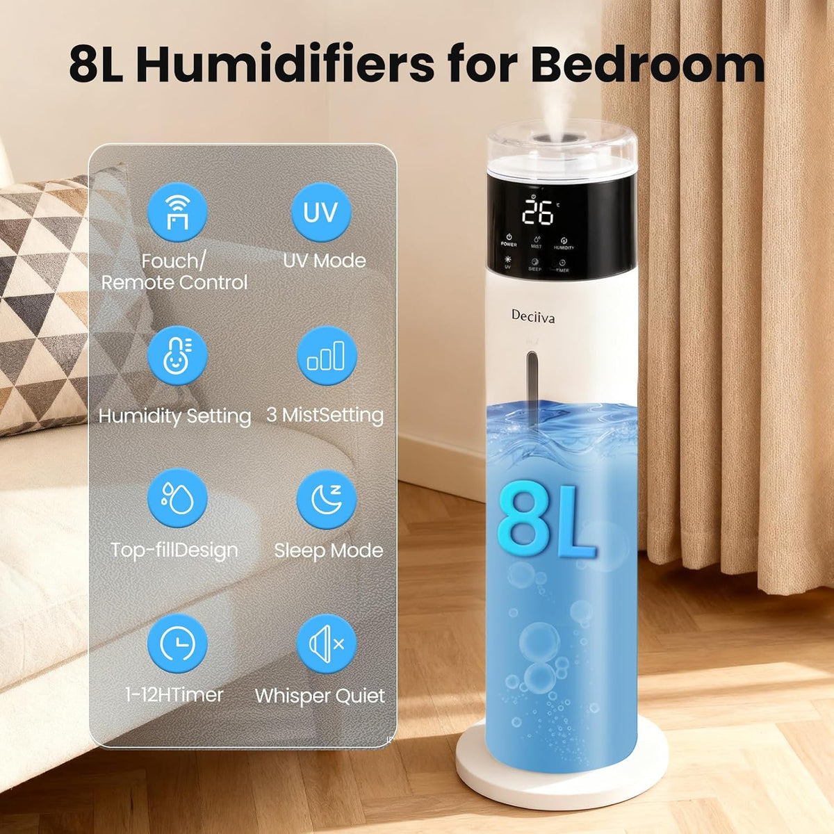 Humidificador grande para dormitorio, 8L\/2.1Gal ultrasónico de nie...