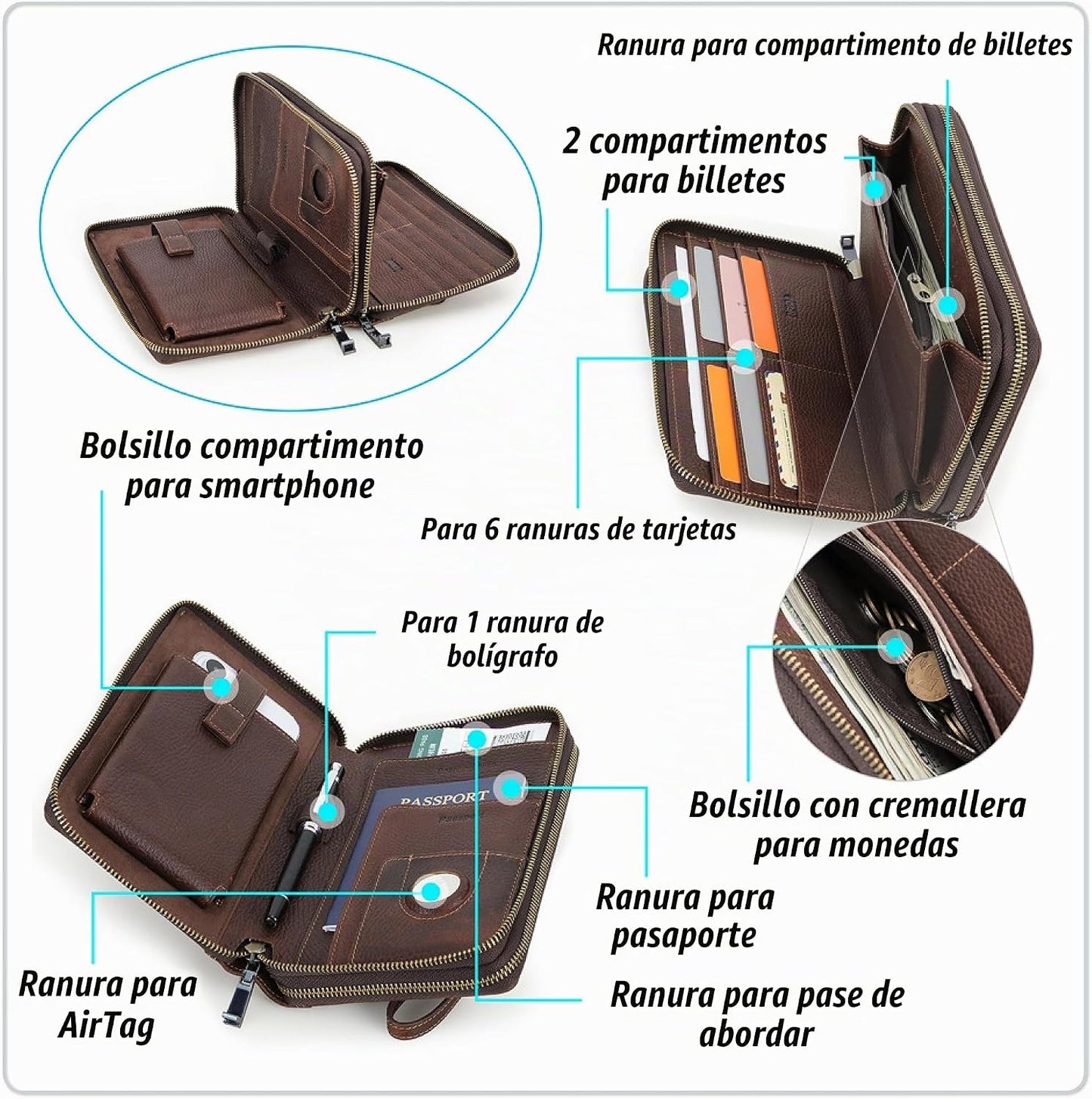 Cartera de cuero genuino de grano superior con cremallera para homb...