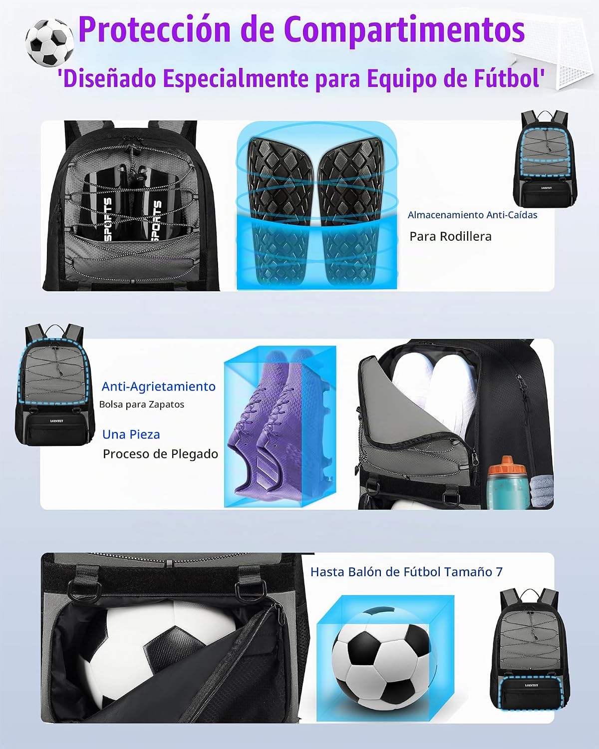 LOINTET Bolsa de fútbol juvenil, mochila de fútbol con compartiment...