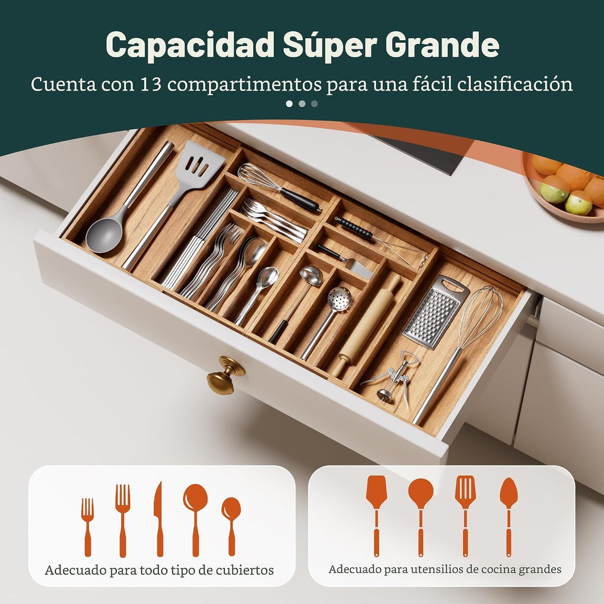 Organizador de Cubiertos Grande, Conectado Magnéticamente Expandibl...