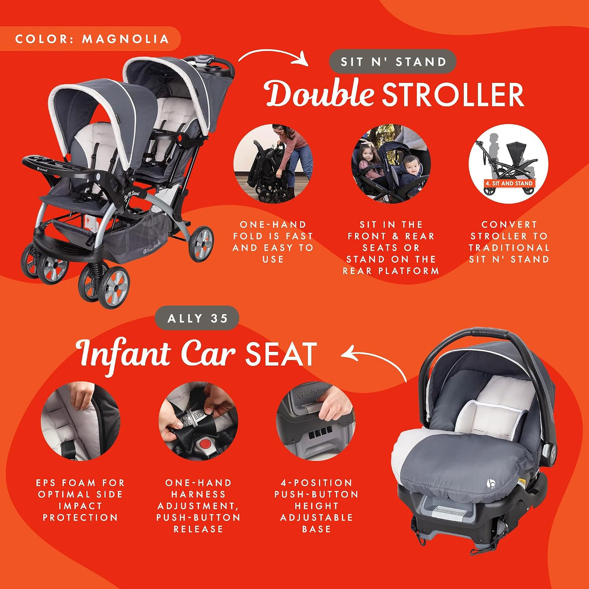 Cochecito Baby Trend doble, de 5 puntos, y asiento infantil para ve...