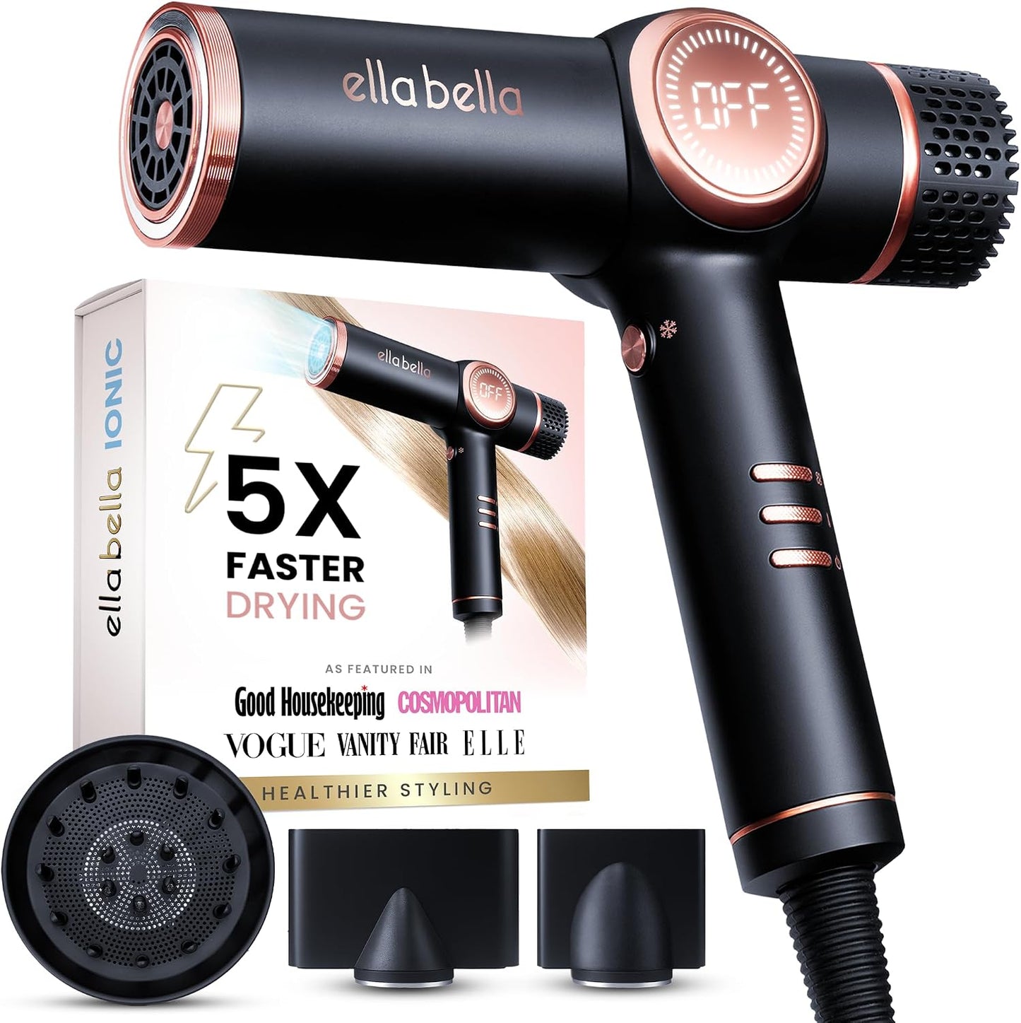 ELLA BELLA® Secador de pelo iónico profesional con difusor \u2022 S...