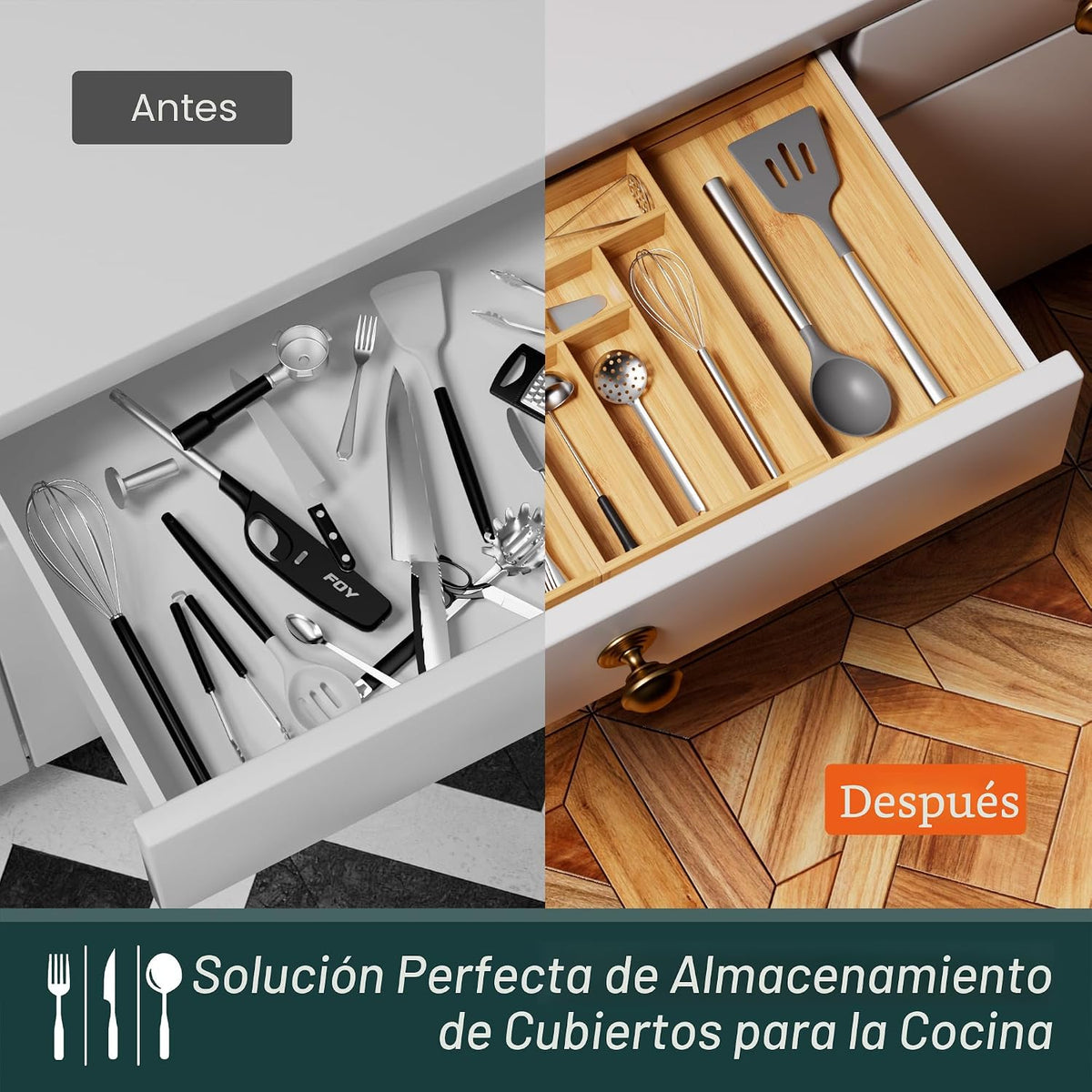 Organizador de Cubiertos Grande, Conectado Magnéticamente Expandibl...