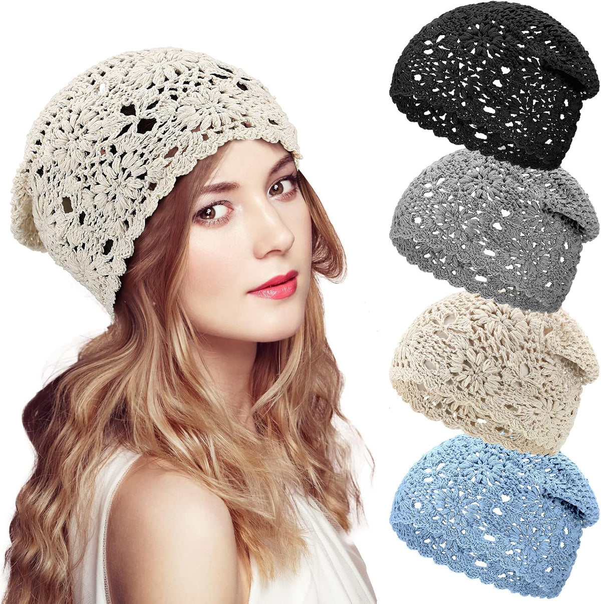4 Piezas Gorros de Ganchillo Holgados 2025 Otoño Hechos a Mano Teji...