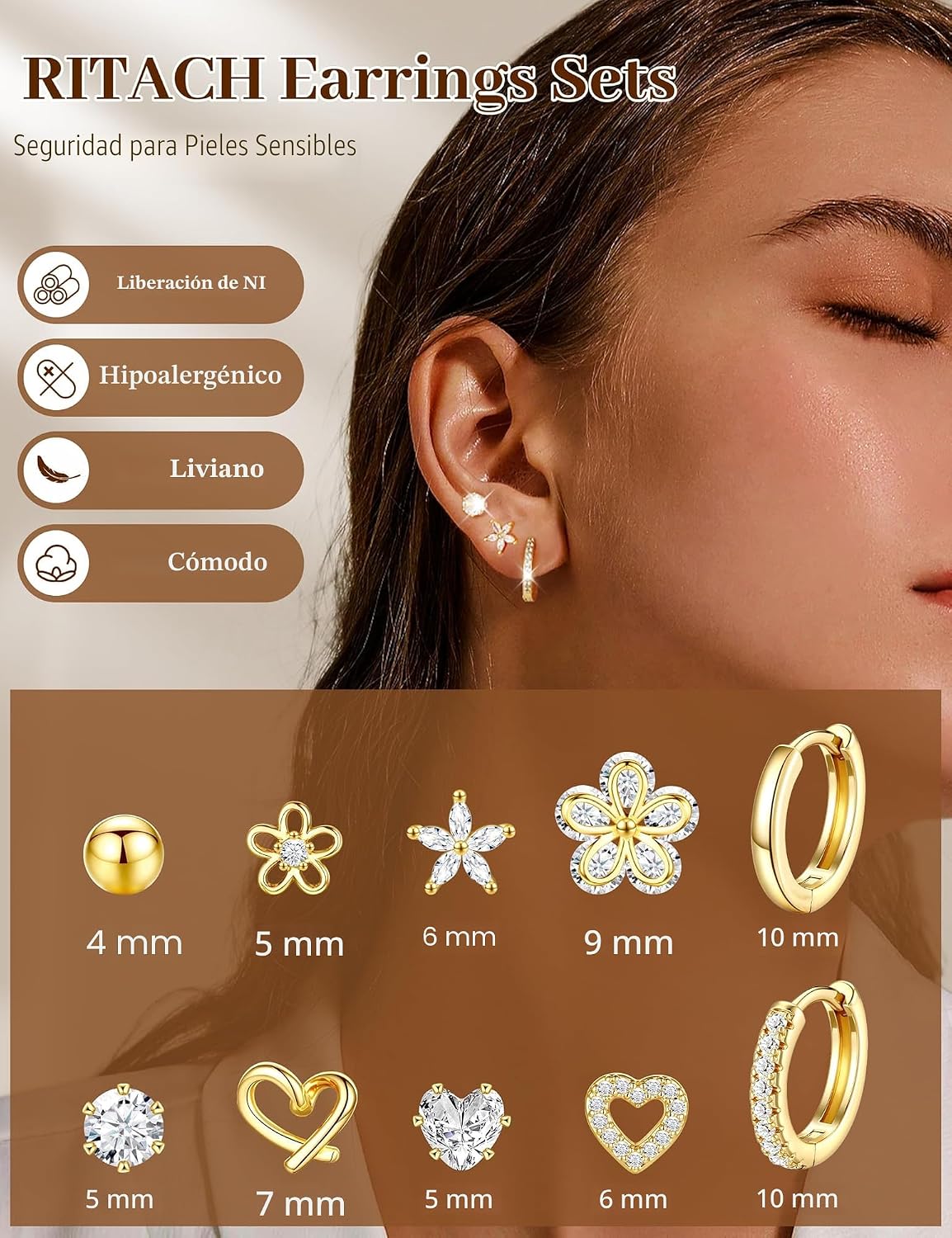 Juego de aretes pequeños de oro para mujer, chapados en oro de 14 q...