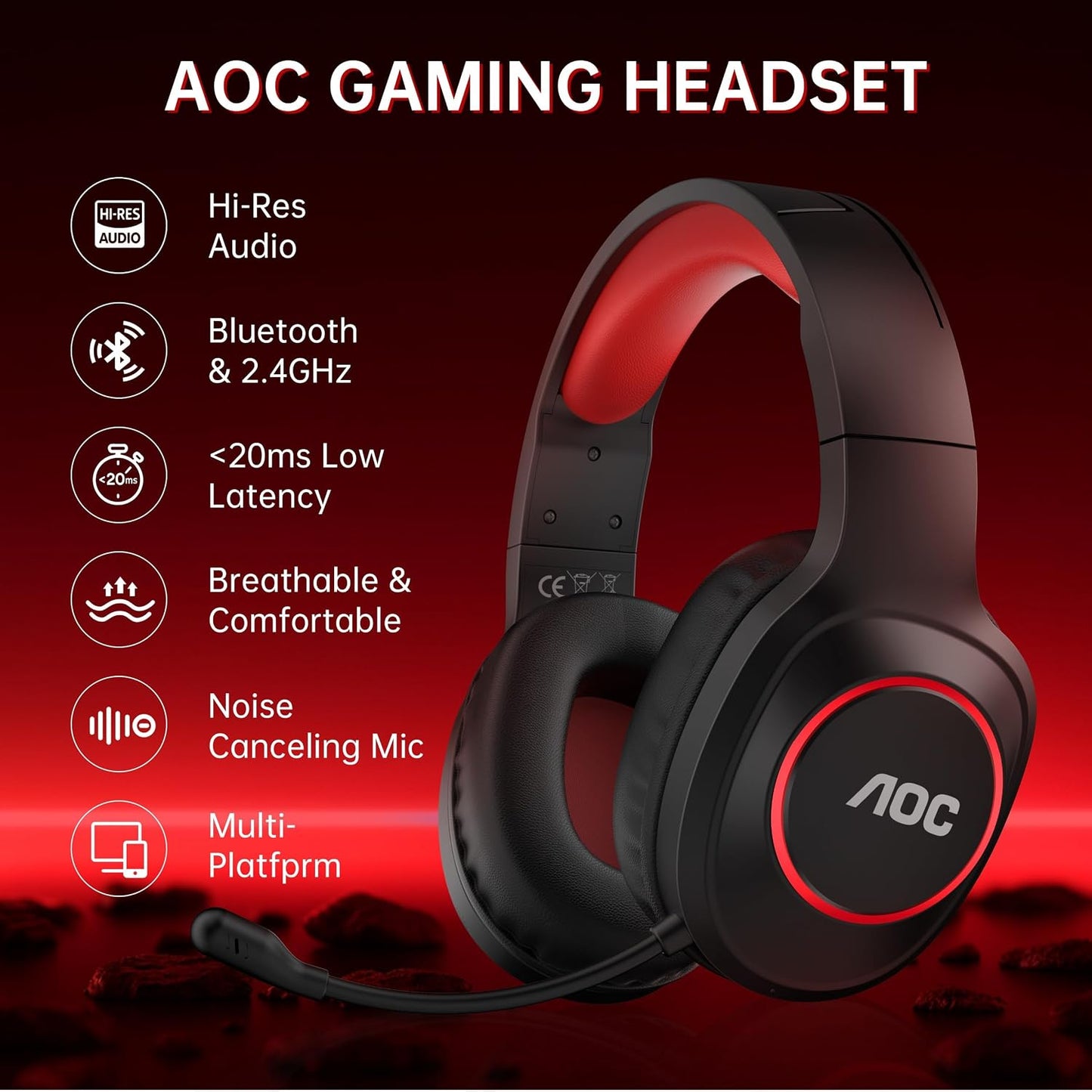 AOC Auriculares Bluetooth para juegos con micrófono para PC, PS5\/4...