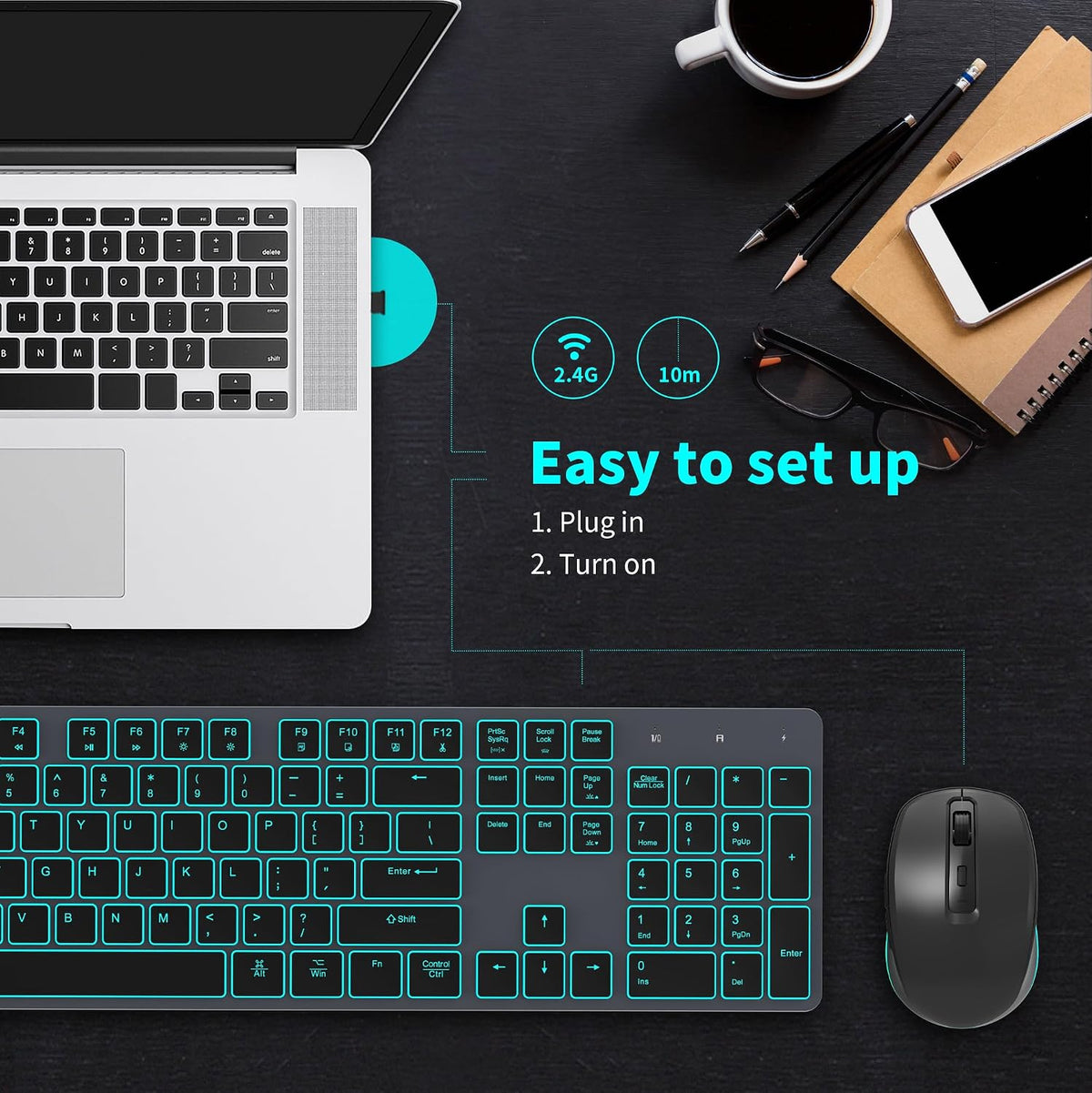 POWZAN Combo de Teclado y Ratón Inalámbrico con Retroiluminación, R...