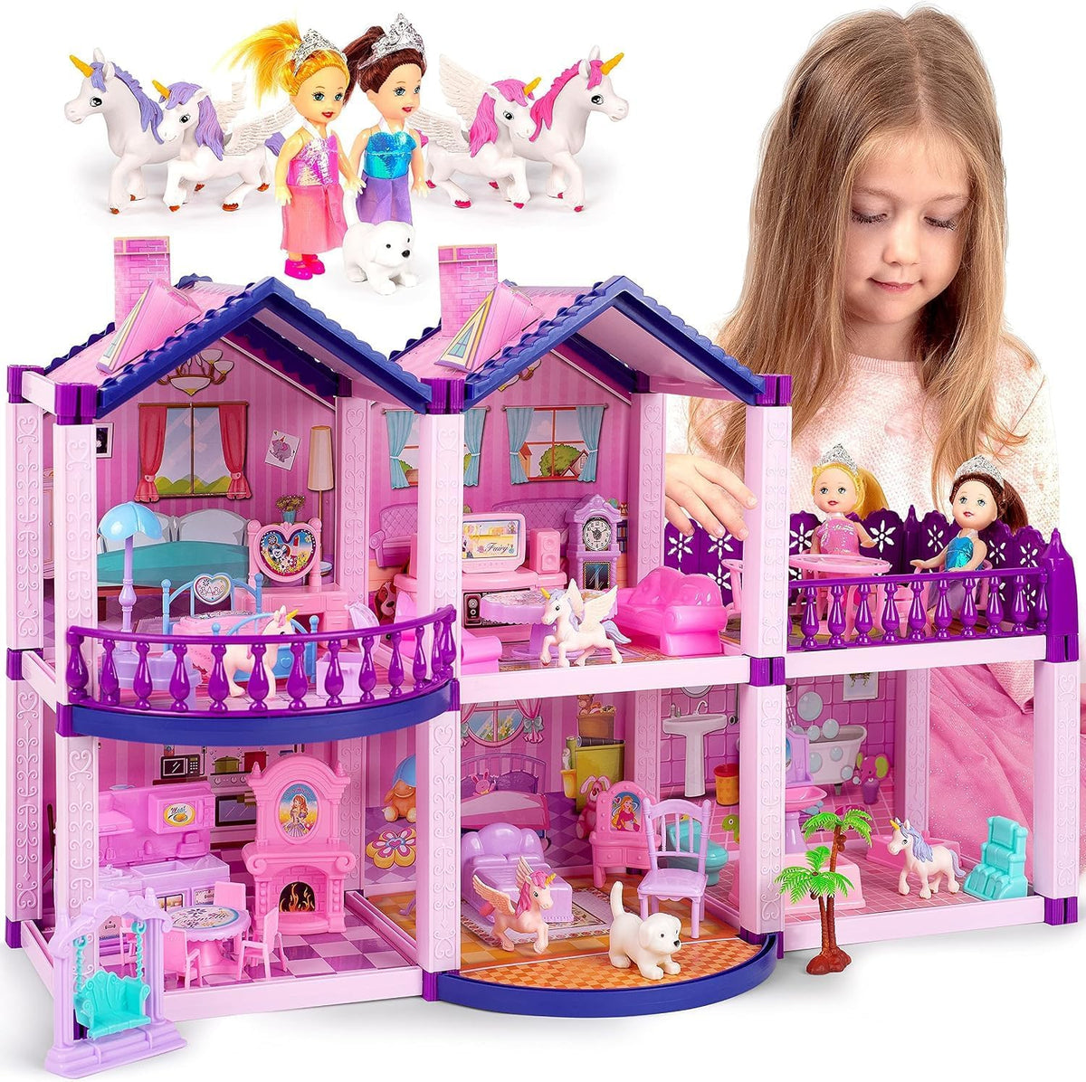 Casa de muñecas con 2 princesas, 4 unicornios, perro, muebles y acc...