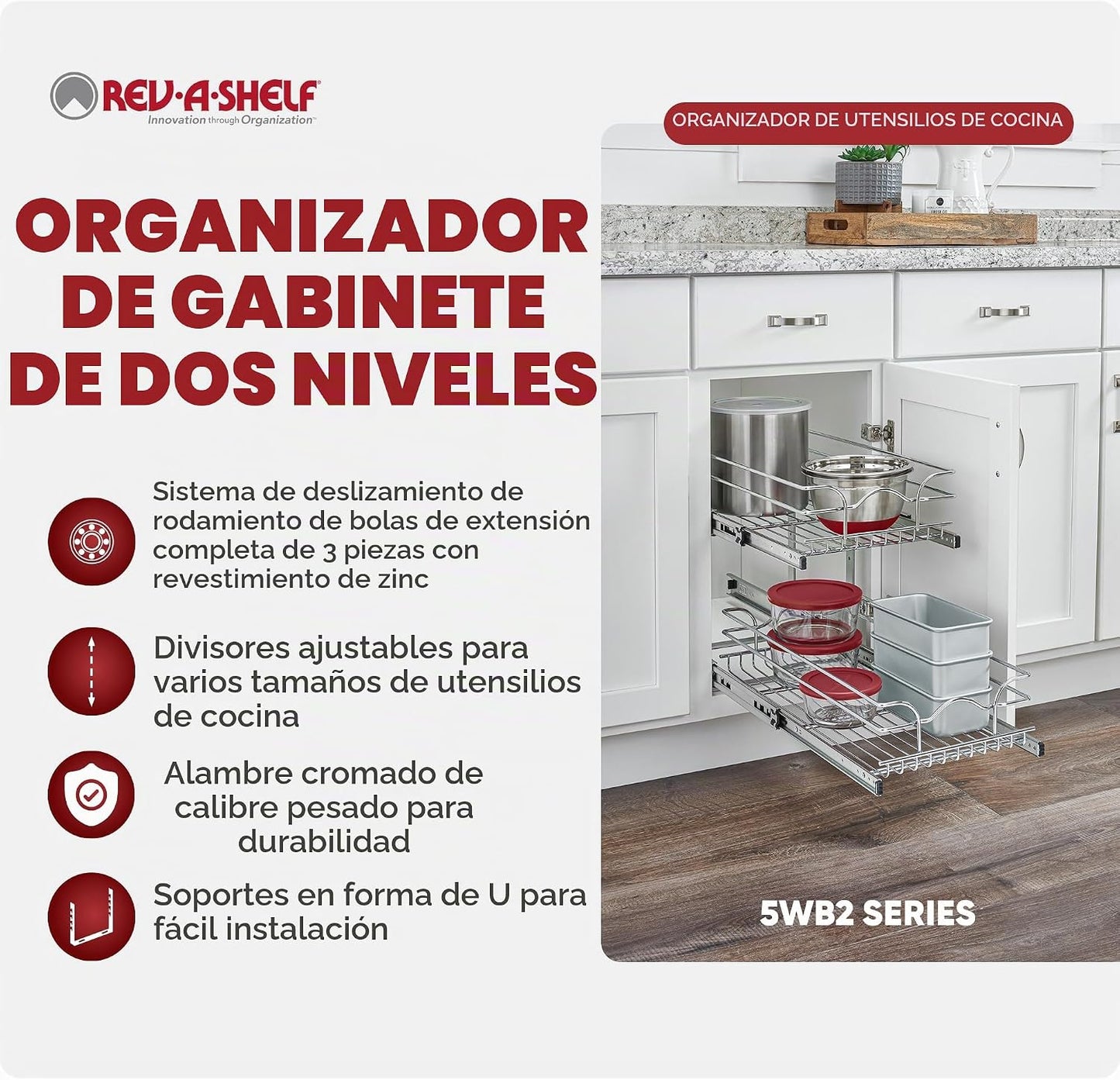 Rev-A-Shelf Estante extraíble para armario de cocina de 2 niveles y...