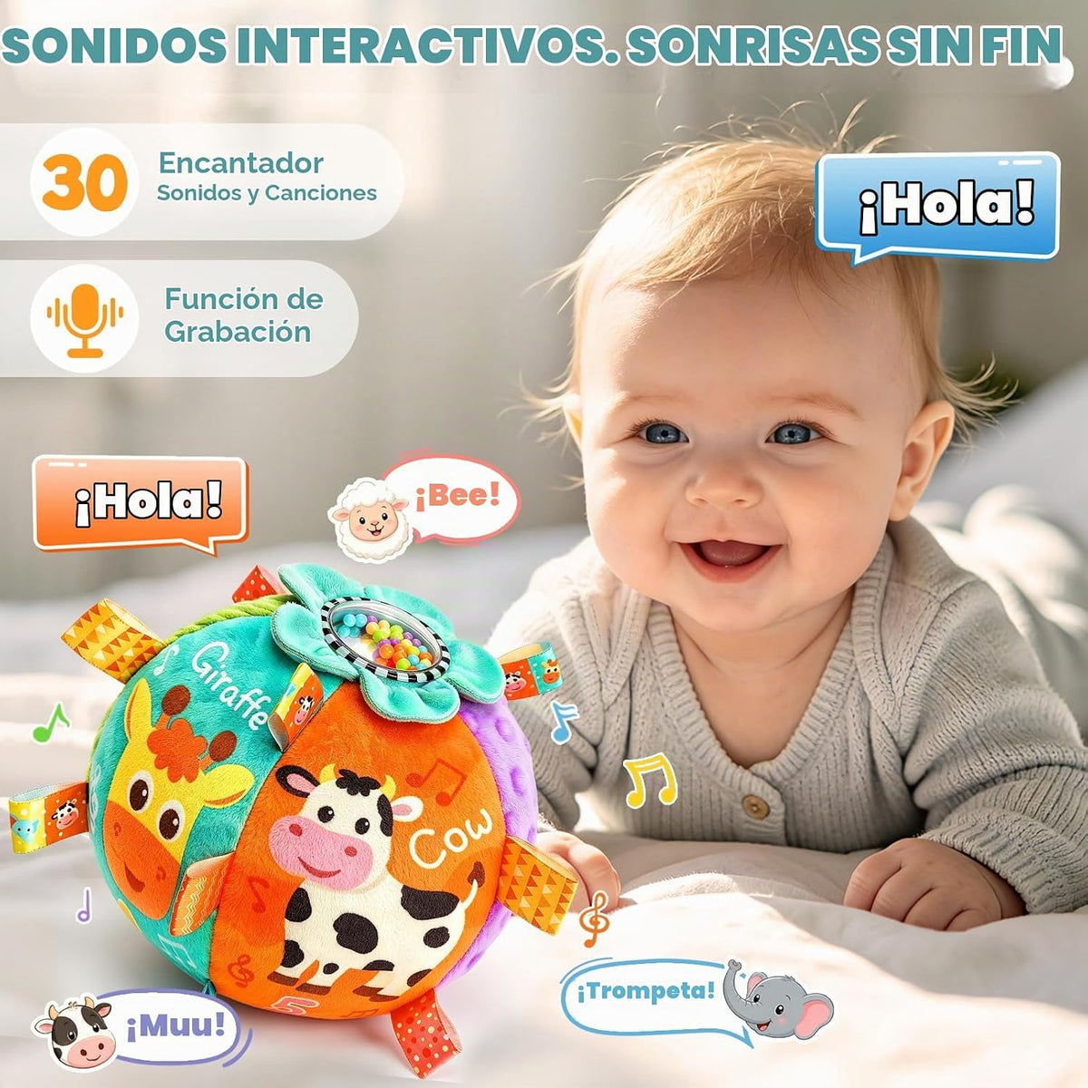 Juguete musical con pelota para gatear para bebés de 0 a 6 meses, d...