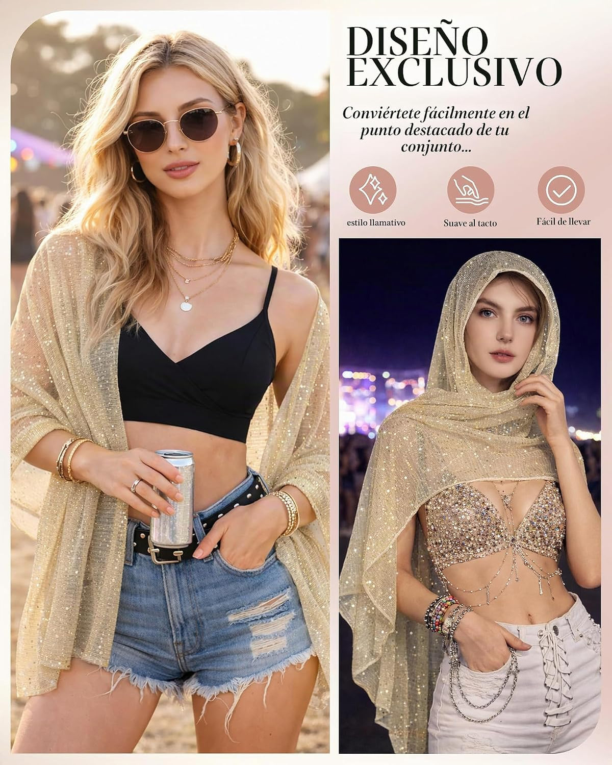 JENSVOIR Chal transparente brillante para mujer, bufanda de lenteju...
