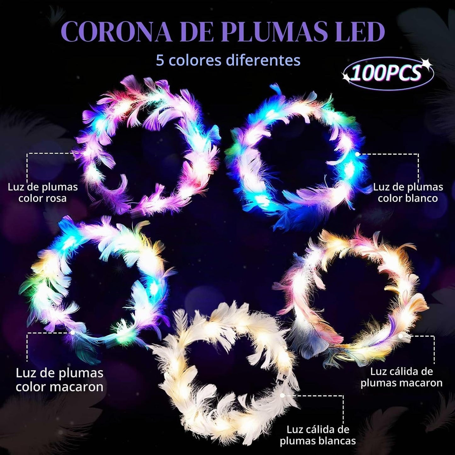 Taiyin - 100 diademas LED de plumas para bodas, varios colores | Co...