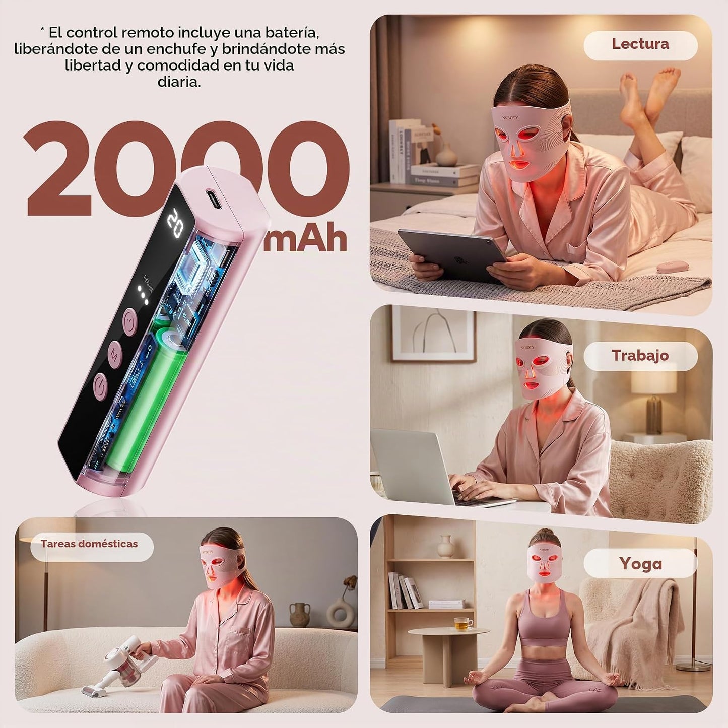 NVBOTY Terapia de luz con máscara facial LED, terapia de luz roja p...