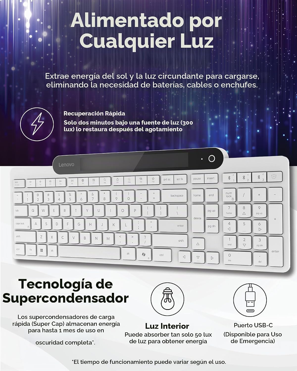 Lenovo 800 Teclado Bluetooth Autocargable, Utiliza Luz Ambiental pa...
