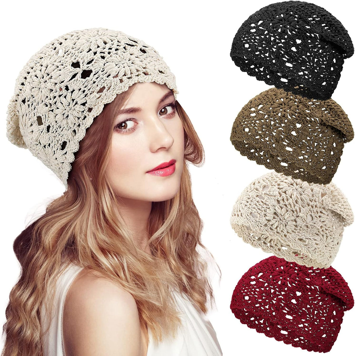 4 Piezas Gorros de Ganchillo Holgados 2025 Otoño Hechos a Mano Teji...