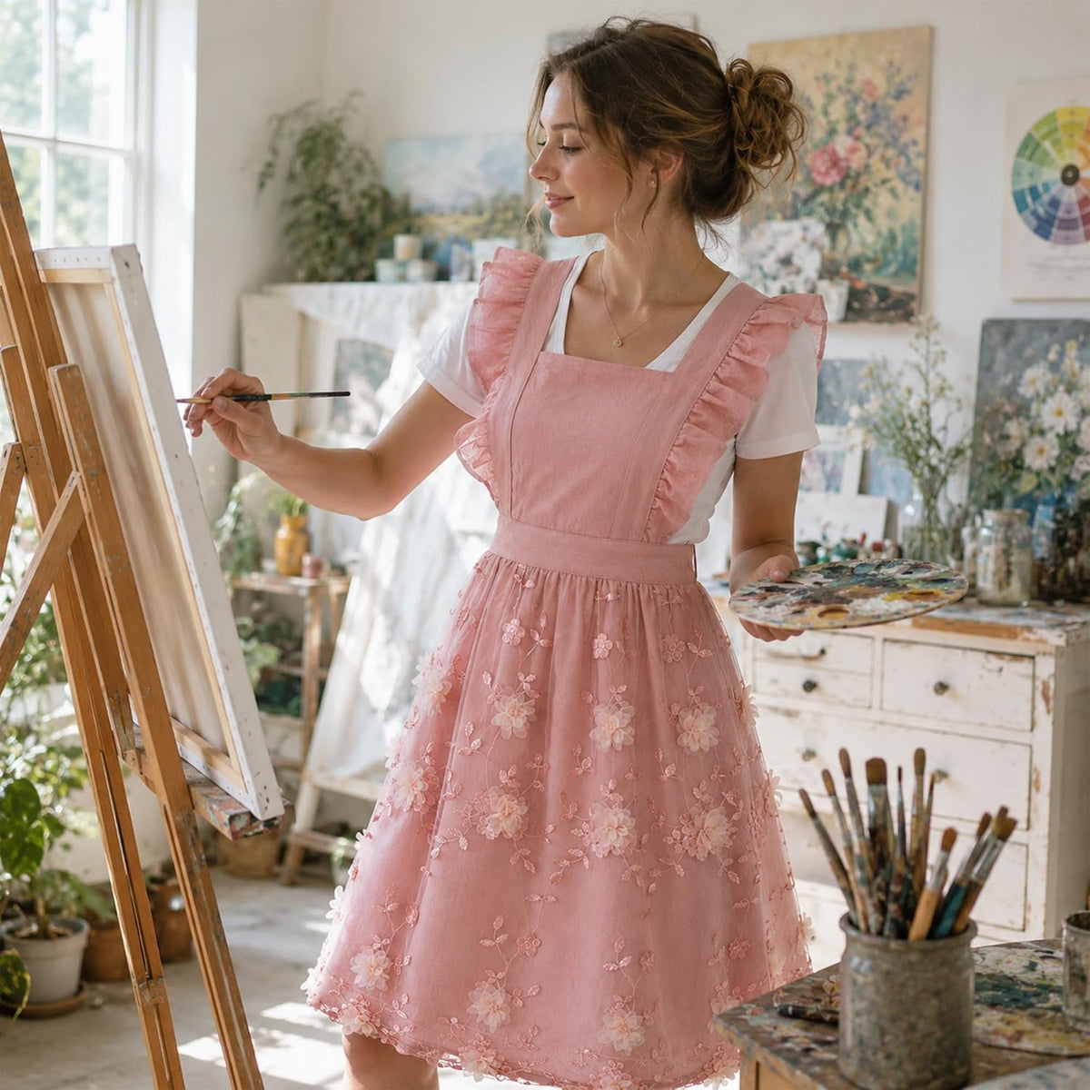 Hasprony Lindo delantal floral rosa para mujer