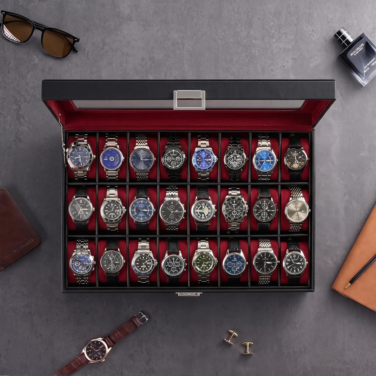 ProCase Caja de reloj para hombre, vitrina de 24 ranuras con tapa d...