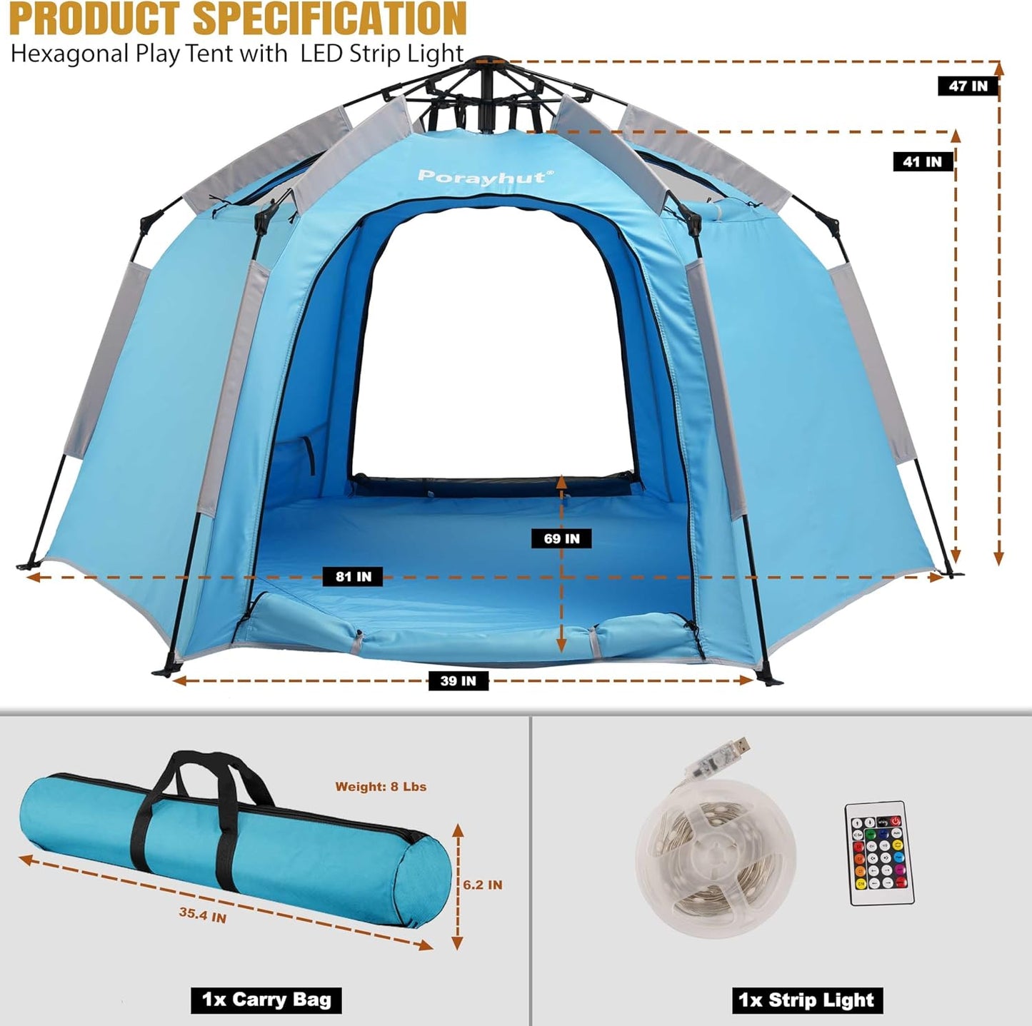 Tienda de campaña hexagonal portátil para niños con tira de luces L...