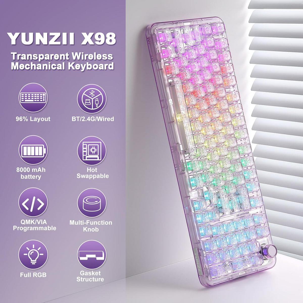 YUNZII X98 QMK\/VIA Teclado mecánico inalámbrico para juegos con pe...