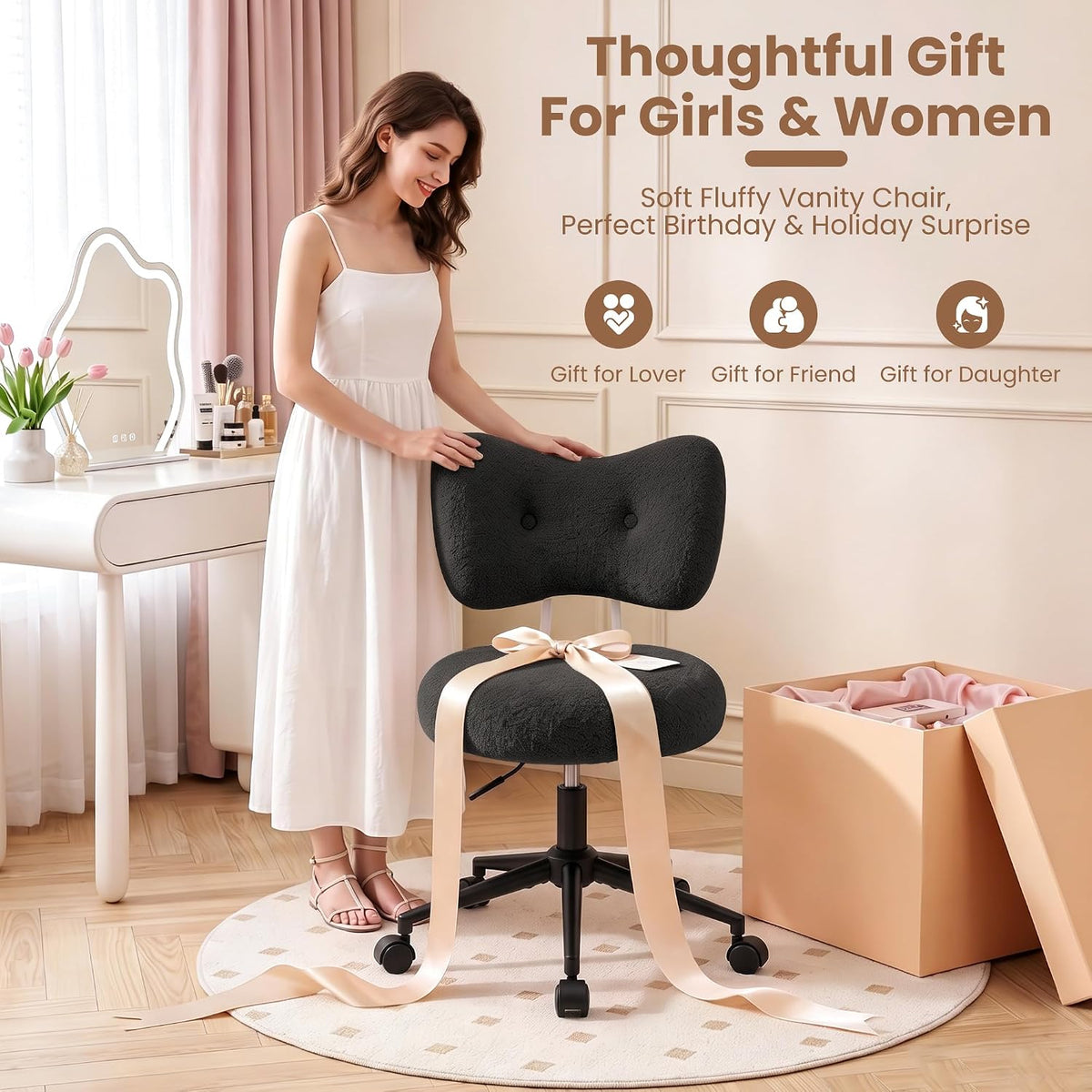 Silla de tocador pequeña con ruedas, cómoda silla de escritorio con...