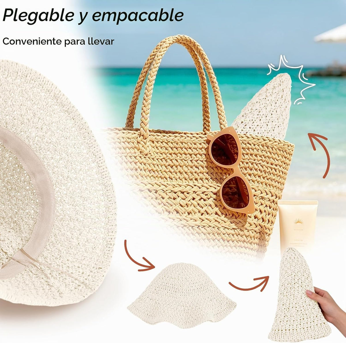 Sombrero de sol para mujer, sombrero de playa de paja de verano, so...