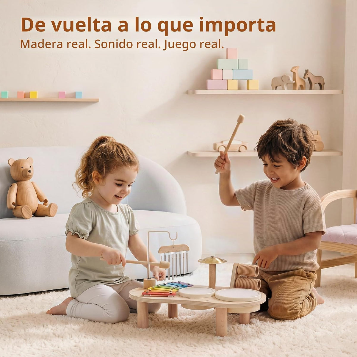 Promise Babe Juego de batería de madera para niños pequeños de 1 a...