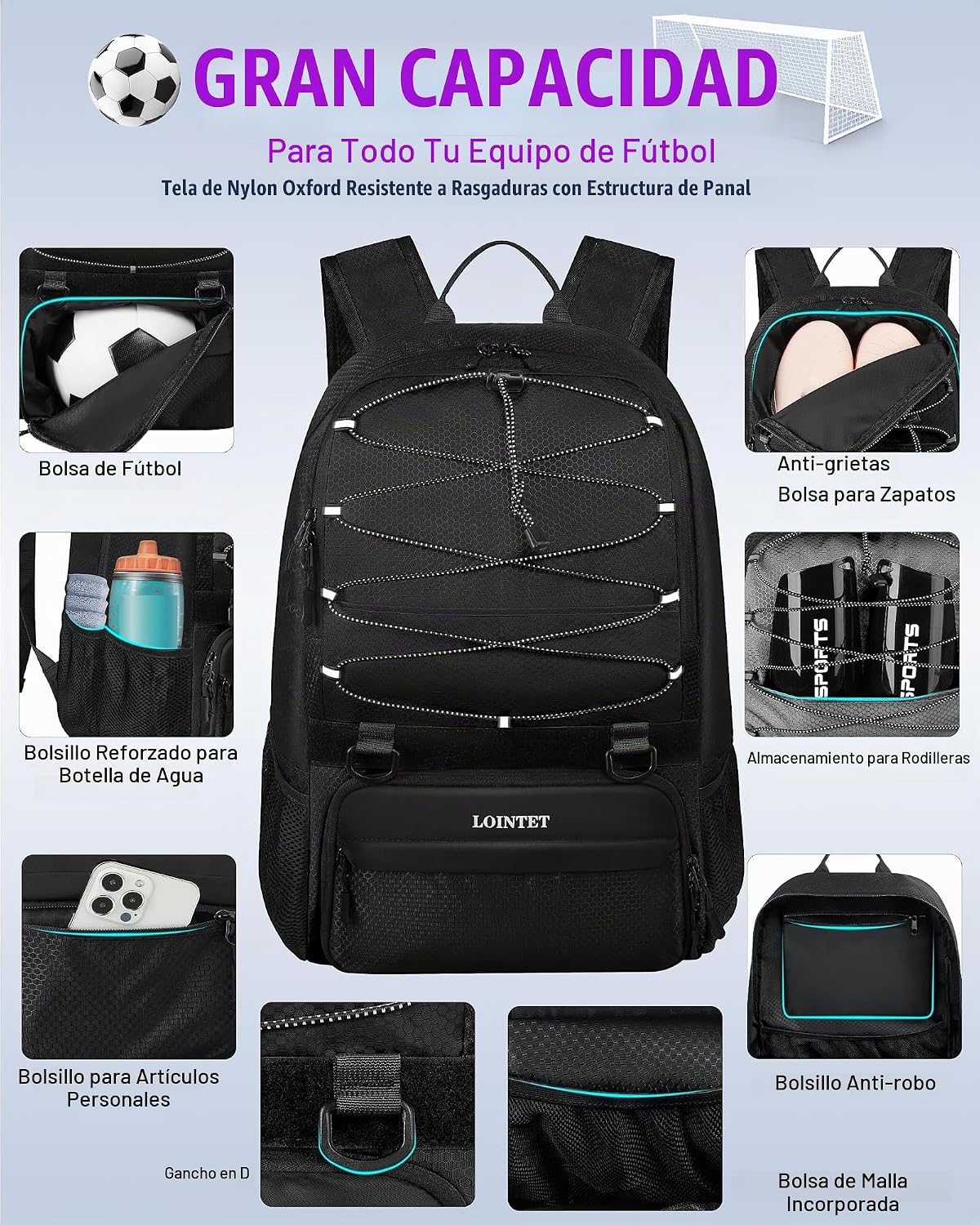 LOINTET Bolsa de fútbol juvenil, mochila de fútbol con compartiment...