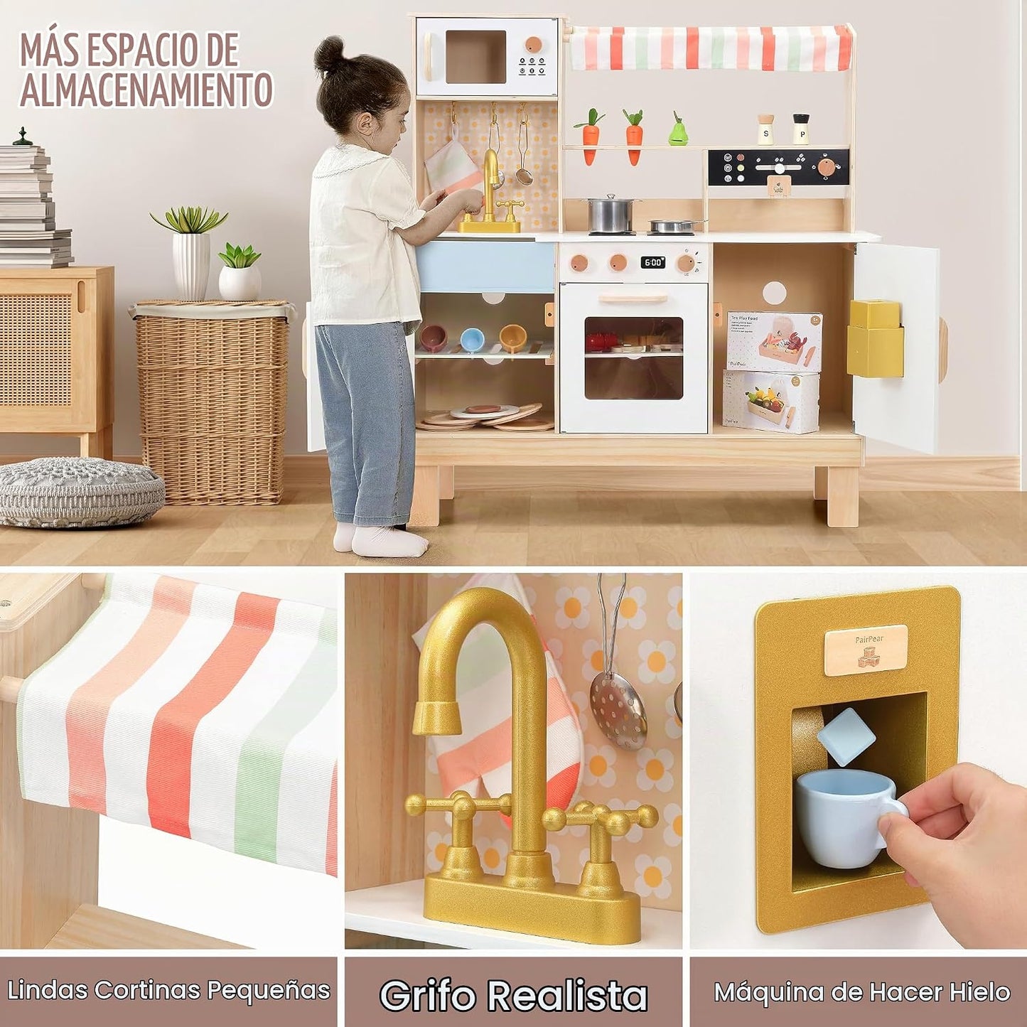 PairPear Juego de cocina grande de madera para niños de 3 a 6 años,...