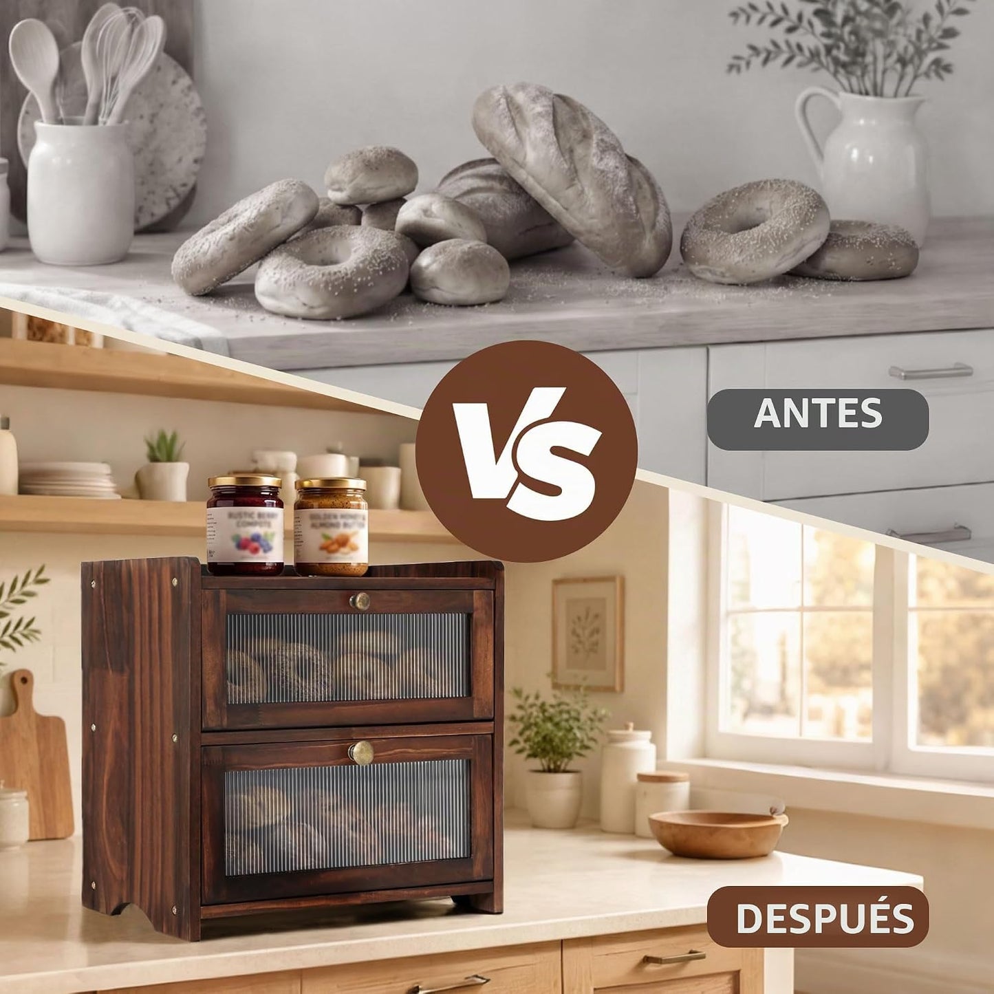 Luollabytel Panera para encimera de cocina, panera de madera de 2 c...