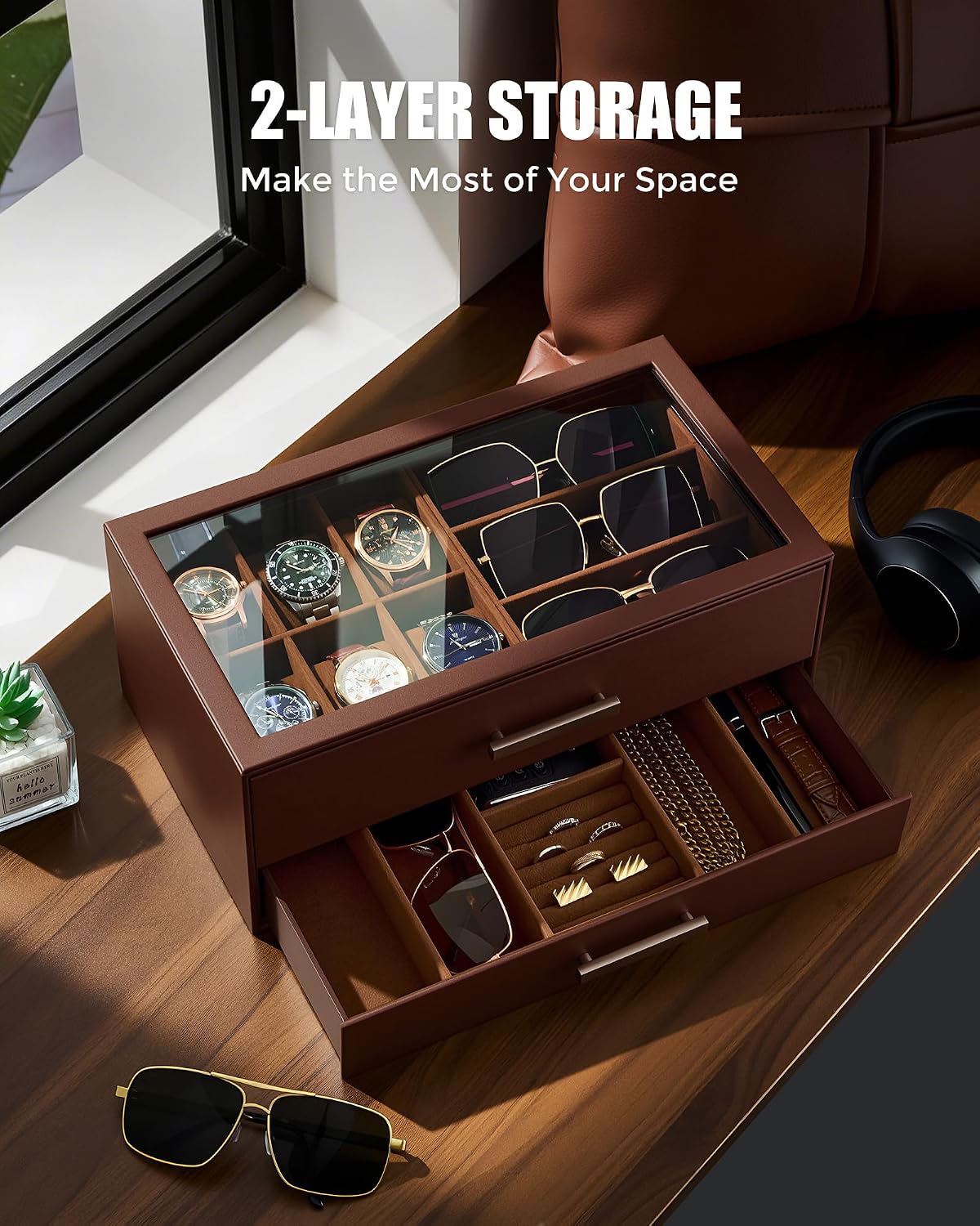 ProCase Caja de reloj, caja de joyería para hombre para 6 relojes y...