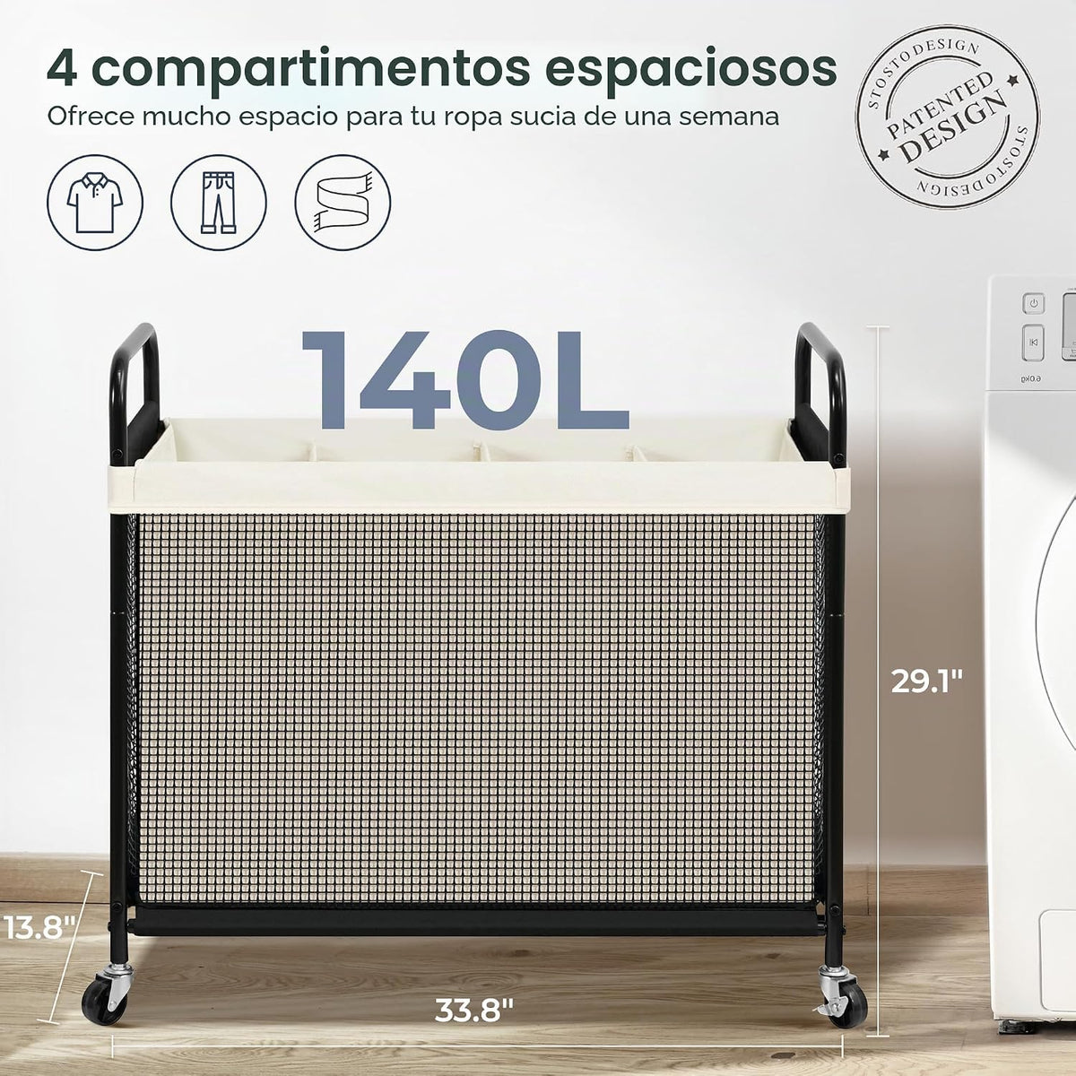 STO STO Cesta de lavandería de 4 secciones, carrito clasificador de...