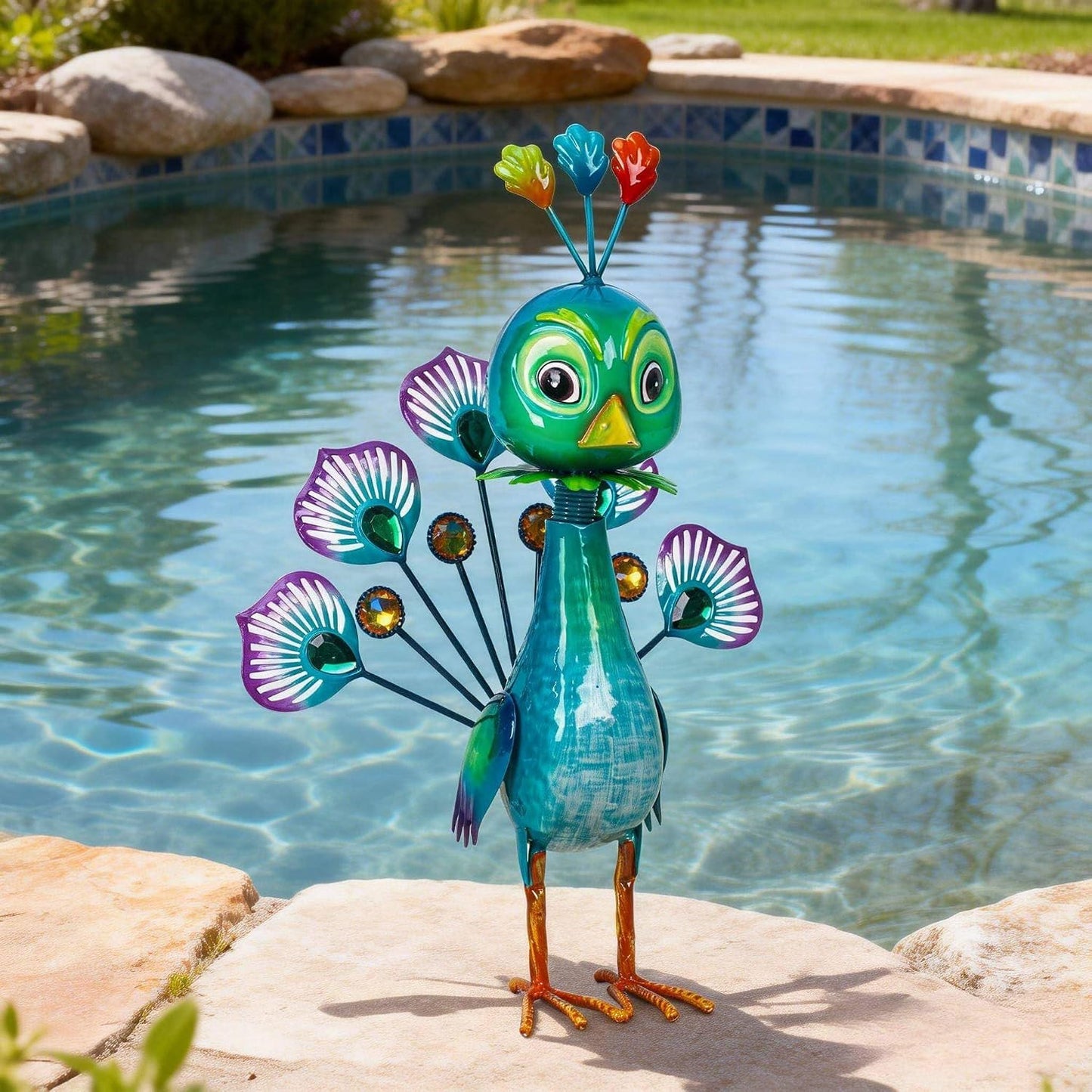 Natelf Estatua de metal pavo real para exteriores, jardín, patio, d...