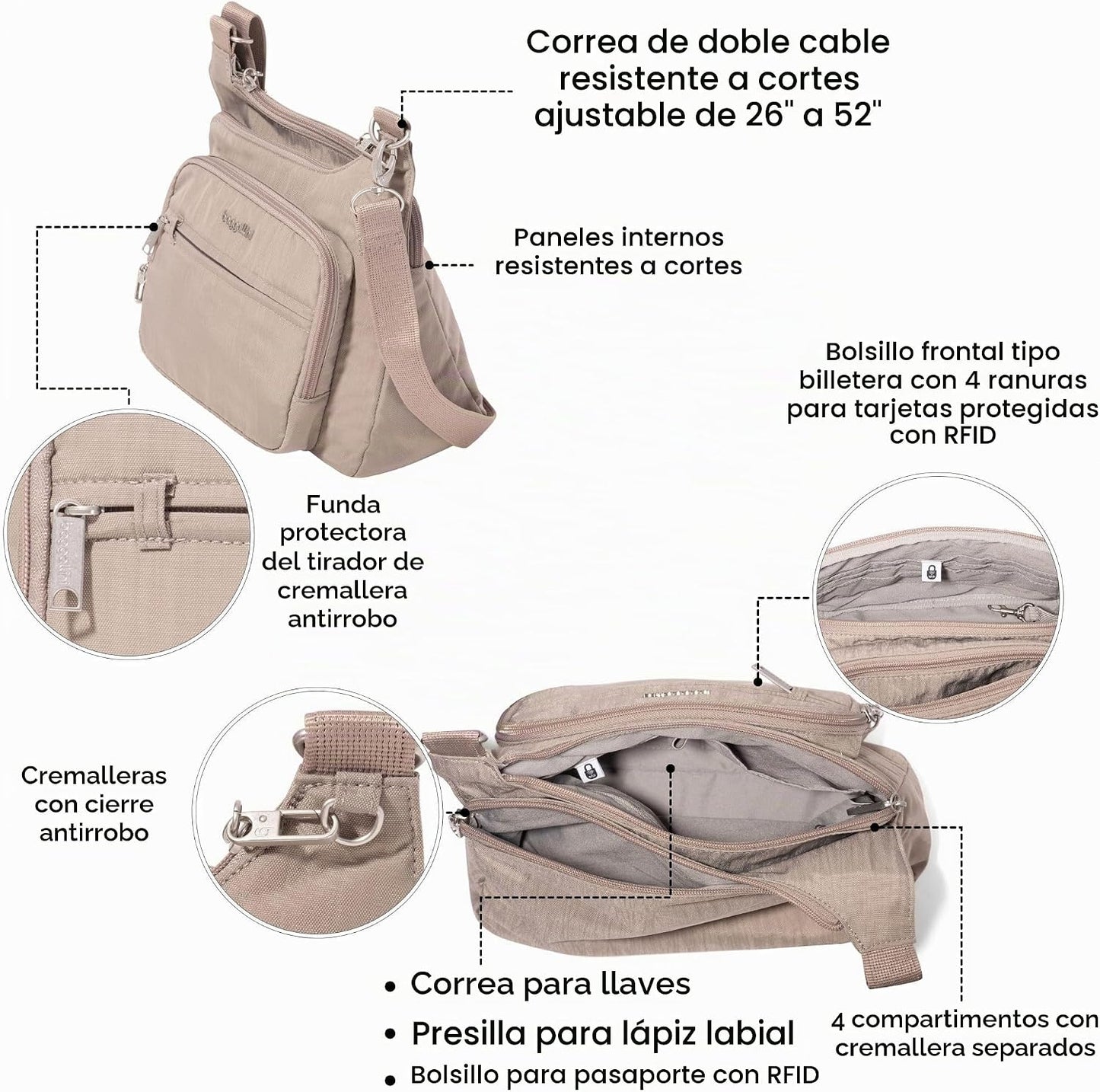 Baggallini Securtex Bandolera cruzada antirrobo 11\u201Dw X 8.5\u20...