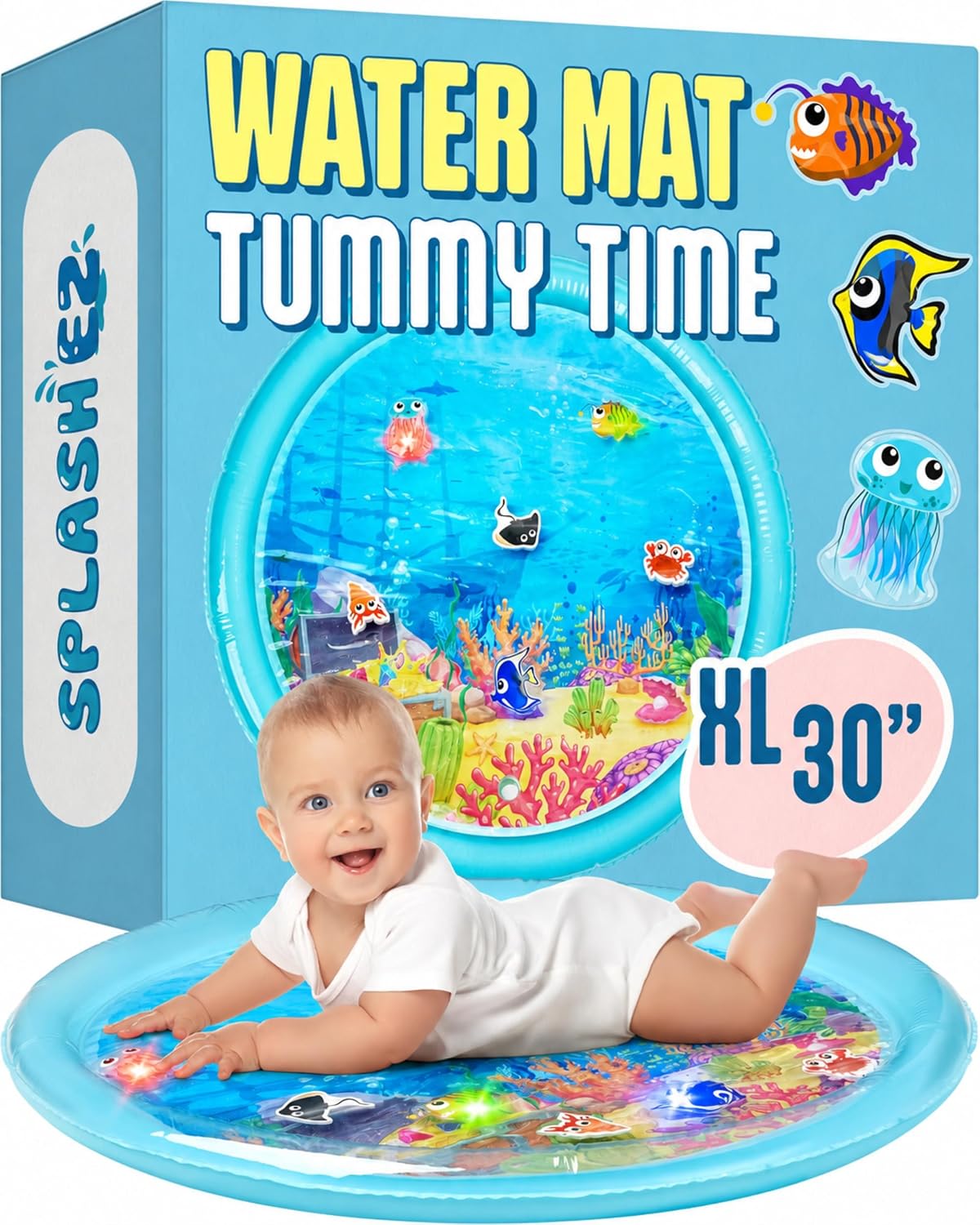 SplashEZ Alfombra de agua para tiempo boca abajo con luces para beb...