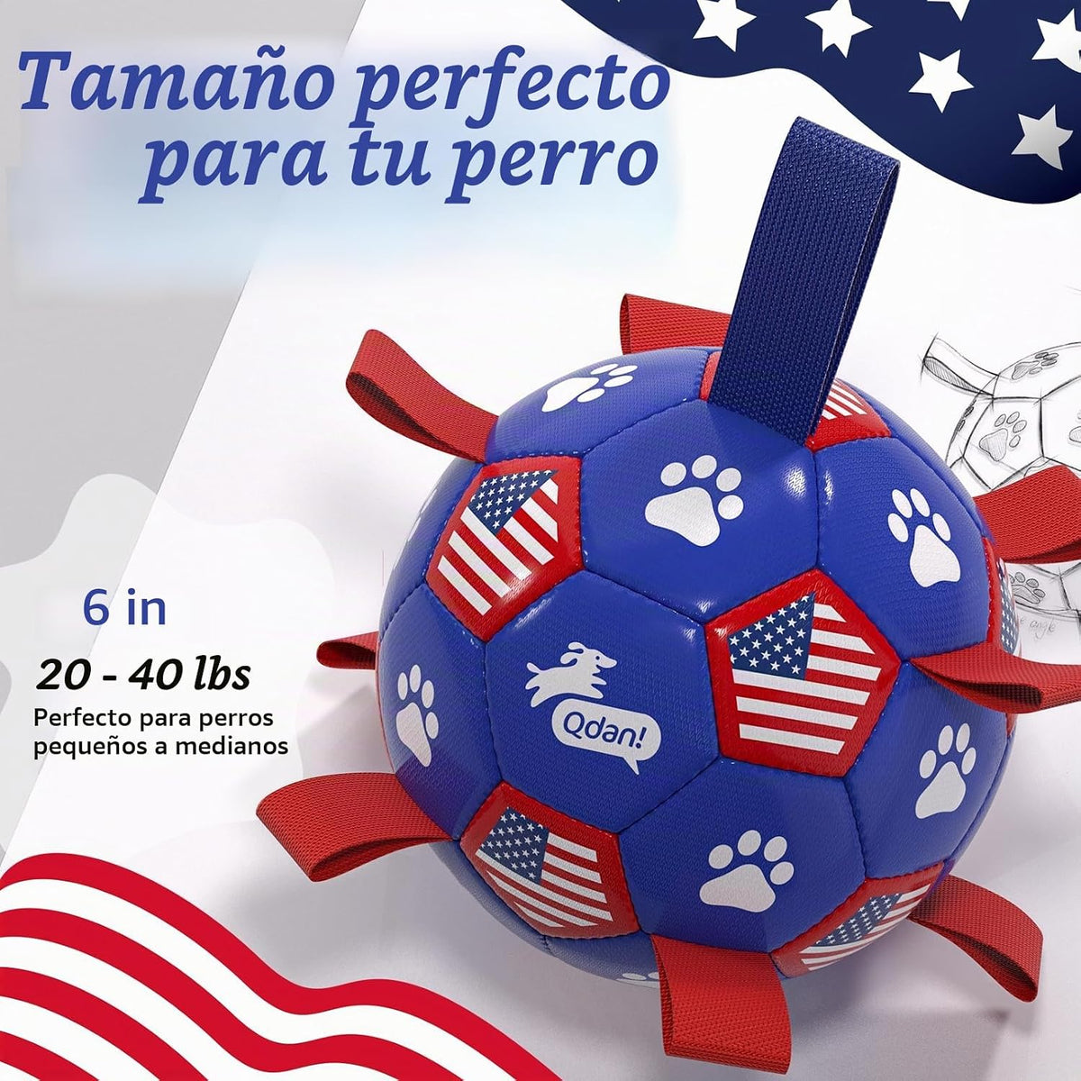 QDAN Juguetes para perros, pelota de fútbol con correas, bolas dura...