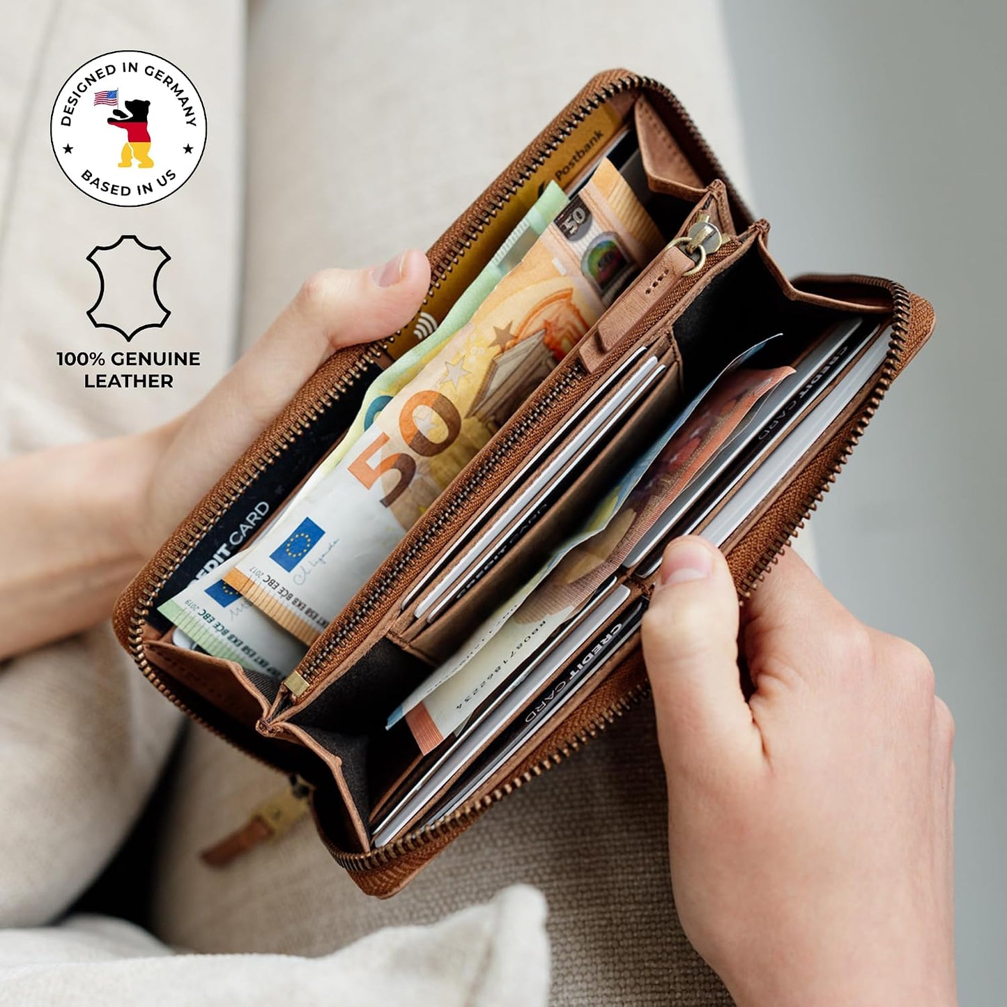 BERLINER BAGS Cartera con cremallera de cuero genuino Palma, caja d...
