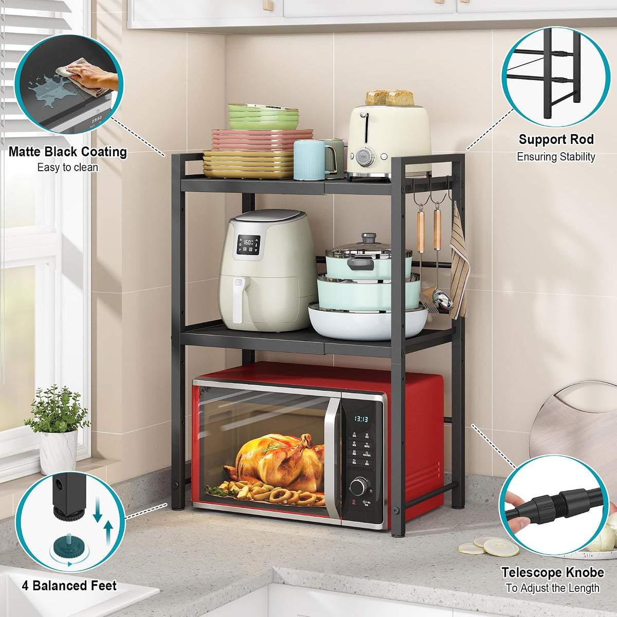 DOLALIKE Estante para horno microondas, soporte expandible para mic...