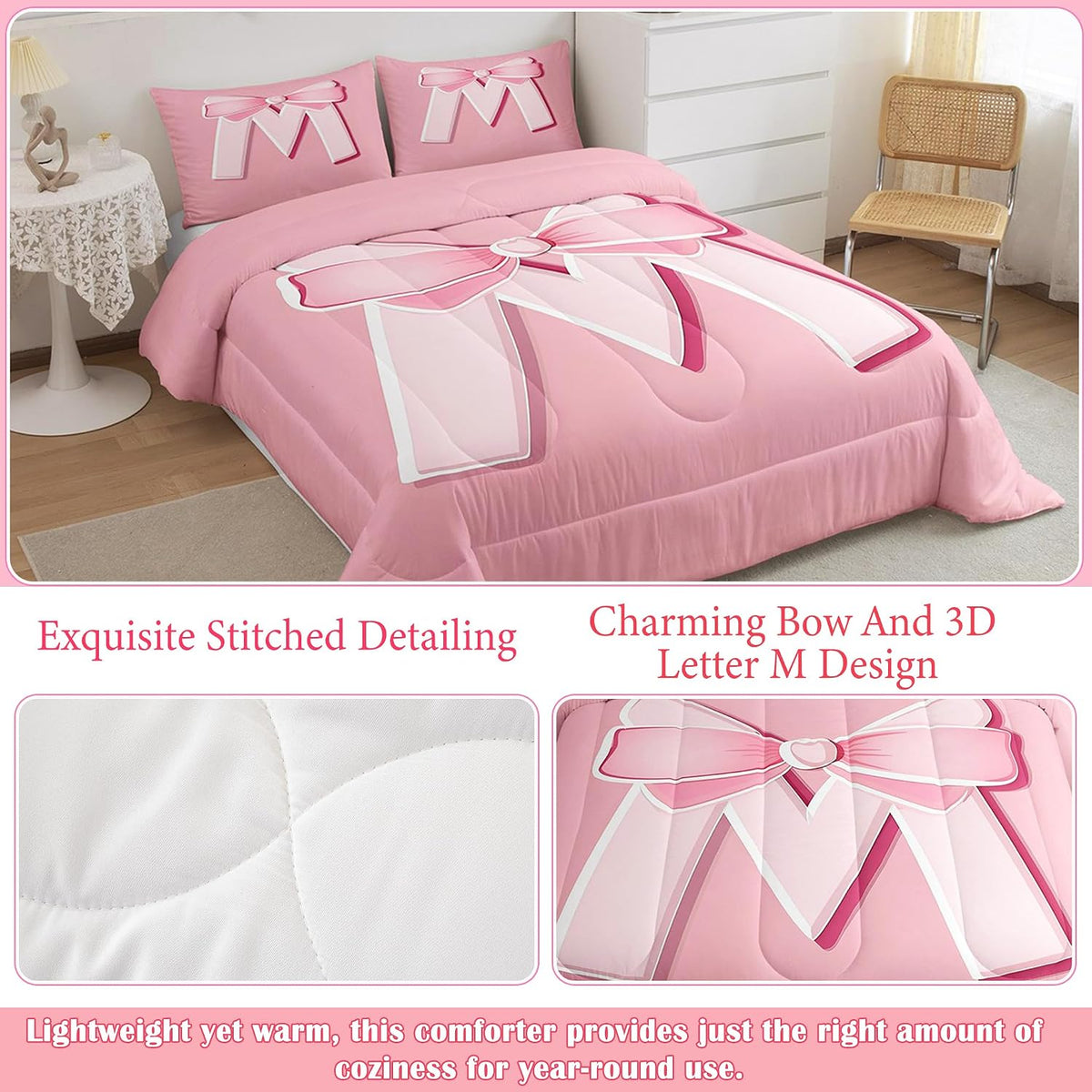 jejeloiu Juego de ropa de cama con lazo rosa, tamaño Queen, regalos...