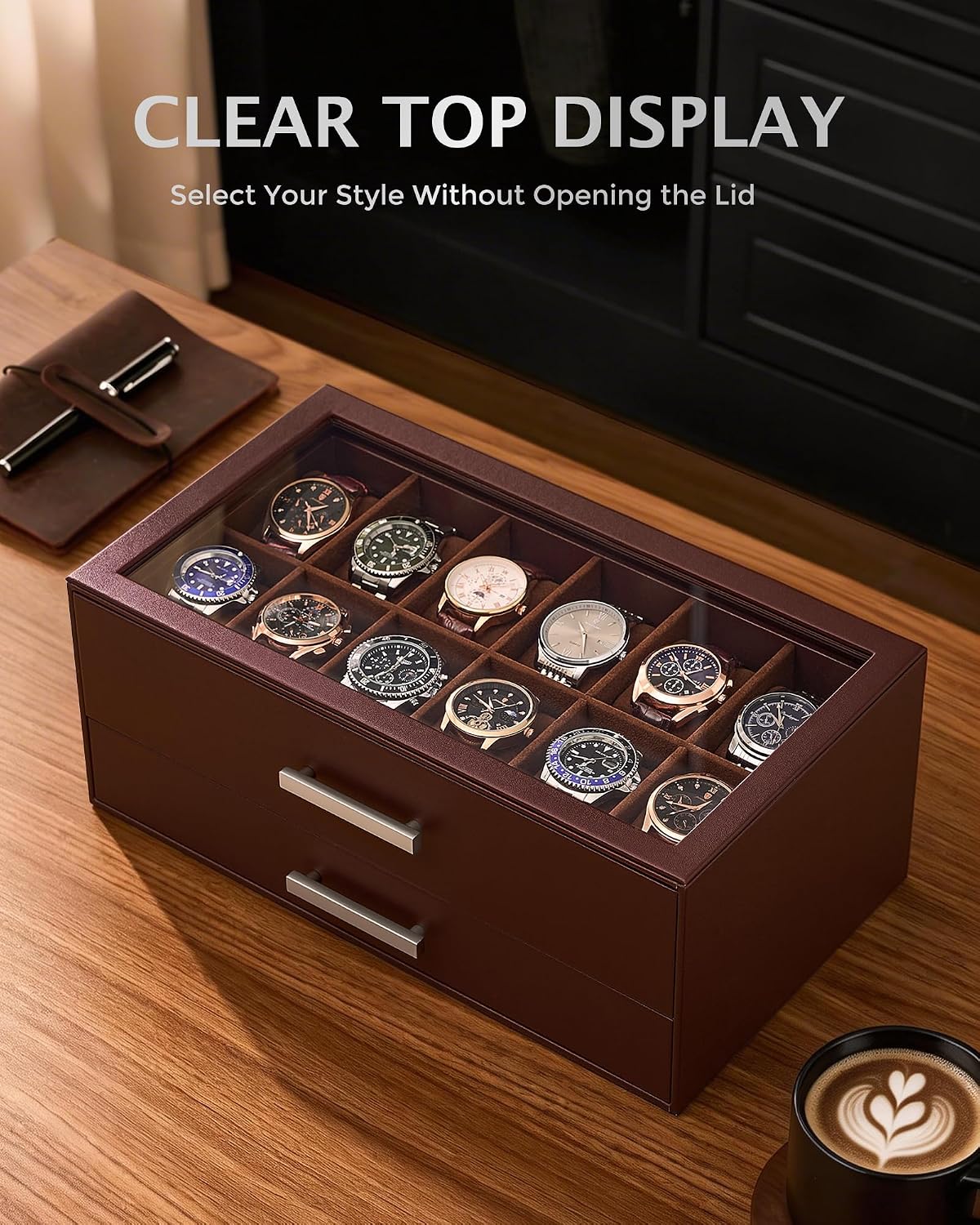 ProCase Caja de reloj de 12 ranuras para hombre, caja de cajones ex...