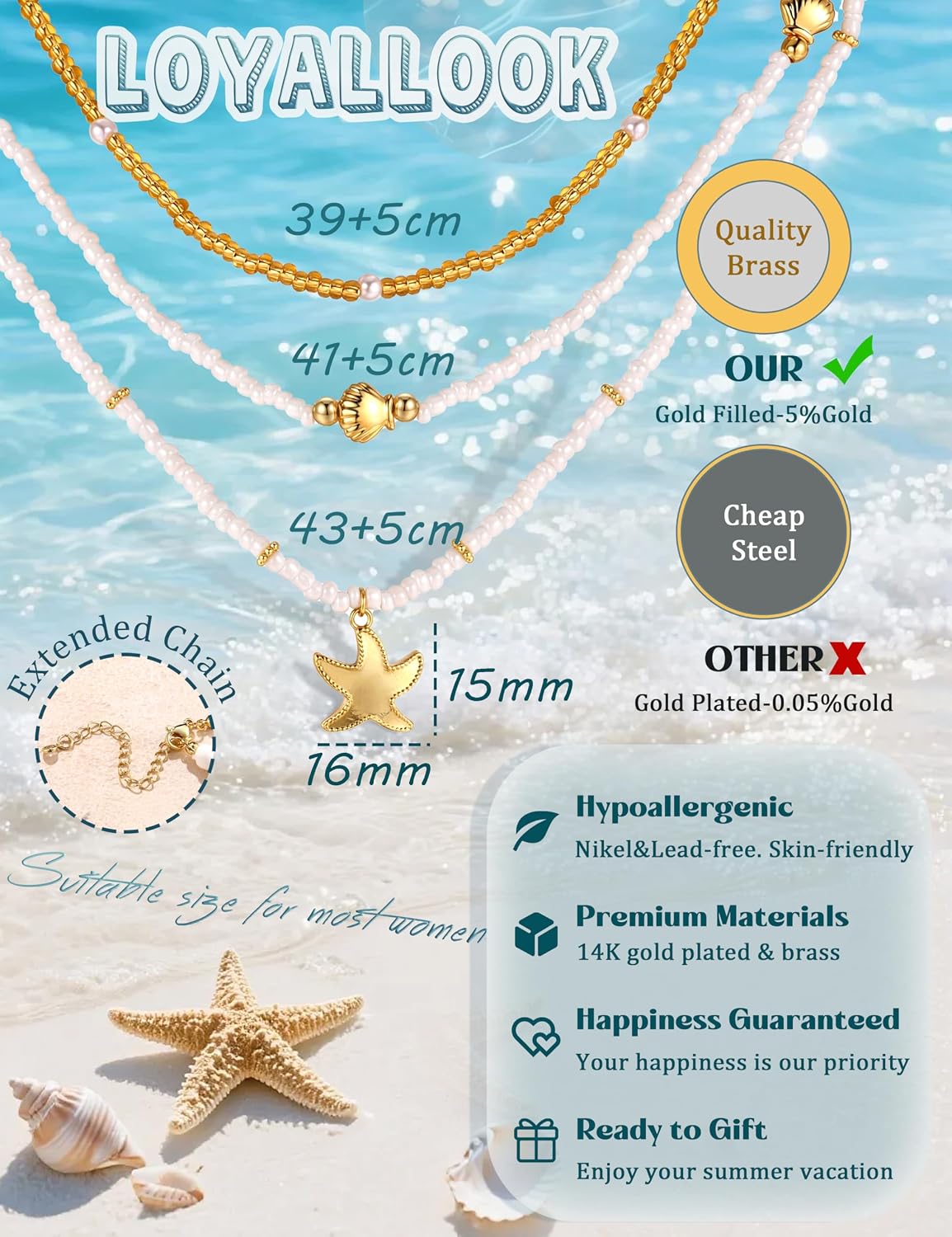 LOYALLOOK Collar de estrella de mar de concha para mujer, chapado e...