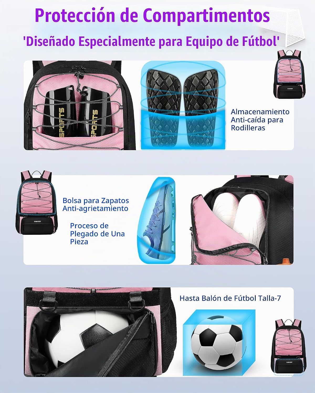 LOINTET Bolsa de fútbol juvenil, mochila de fútbol con compartiment...