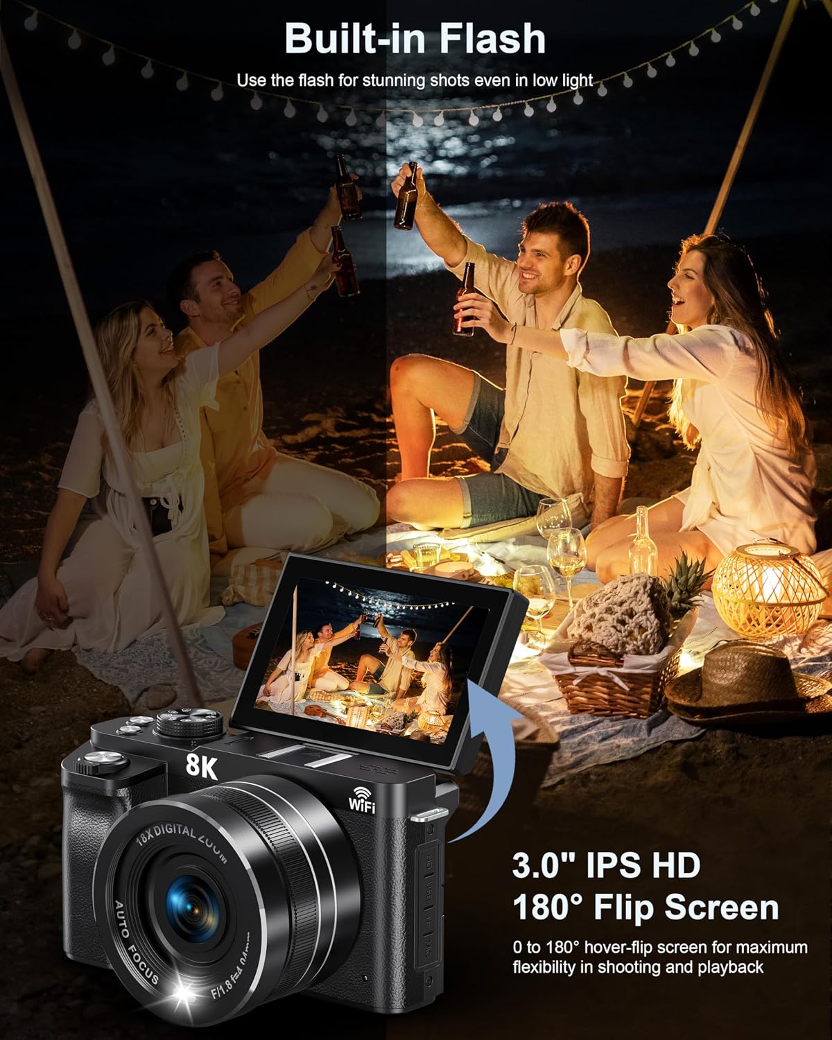 Cámara digital 8K, cámaras WiFi de 88MP para fotografía, 3" pan...