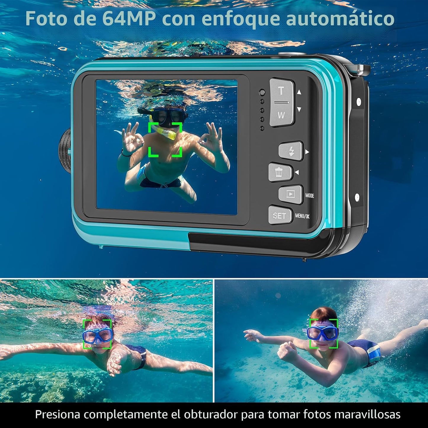 Cámara subacuática 4K, cámara impermeable de 16 pies, pantalla dual...
