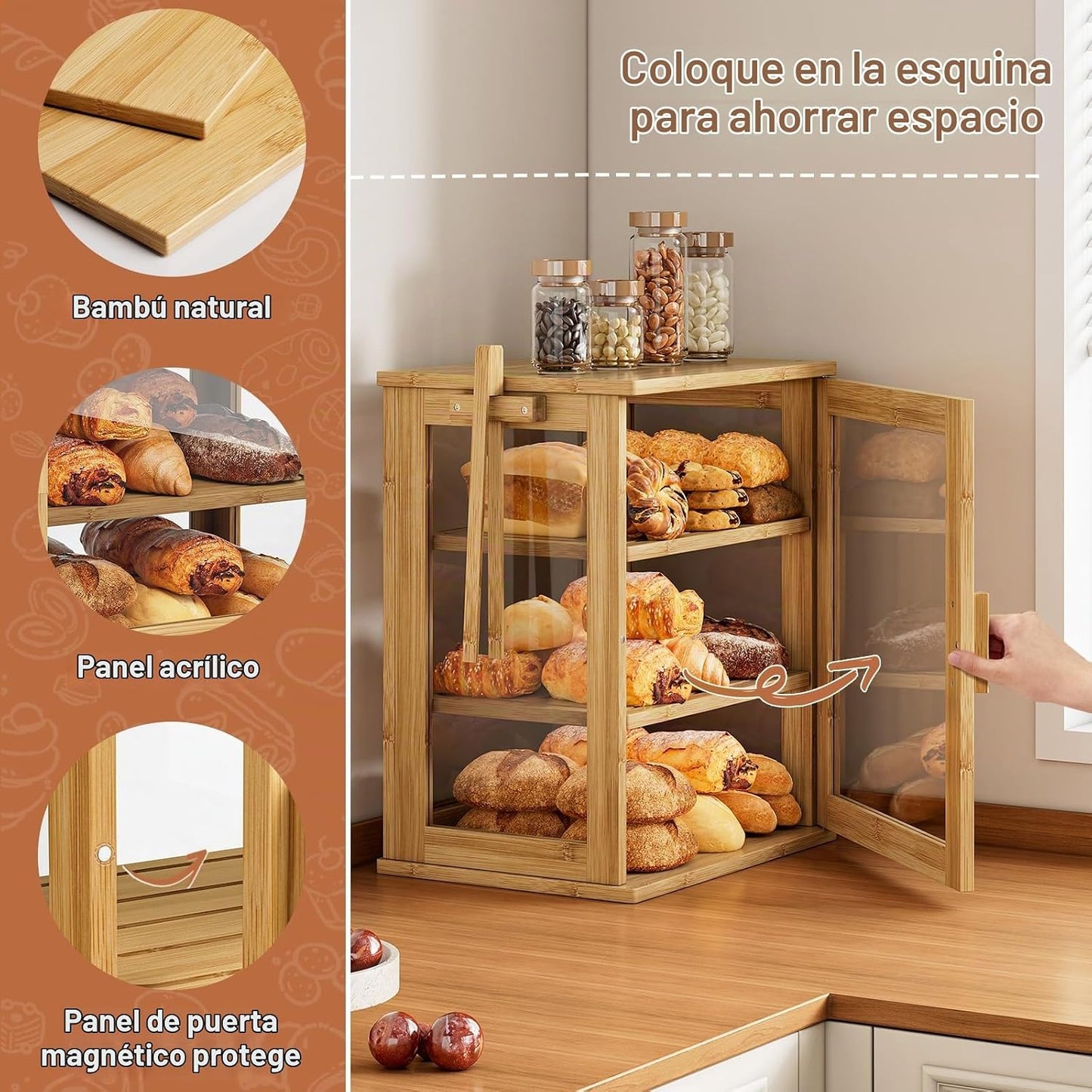 WOWLIVE Caja de Pan de Bambú para Encimera de Cocina, Contenedor de...